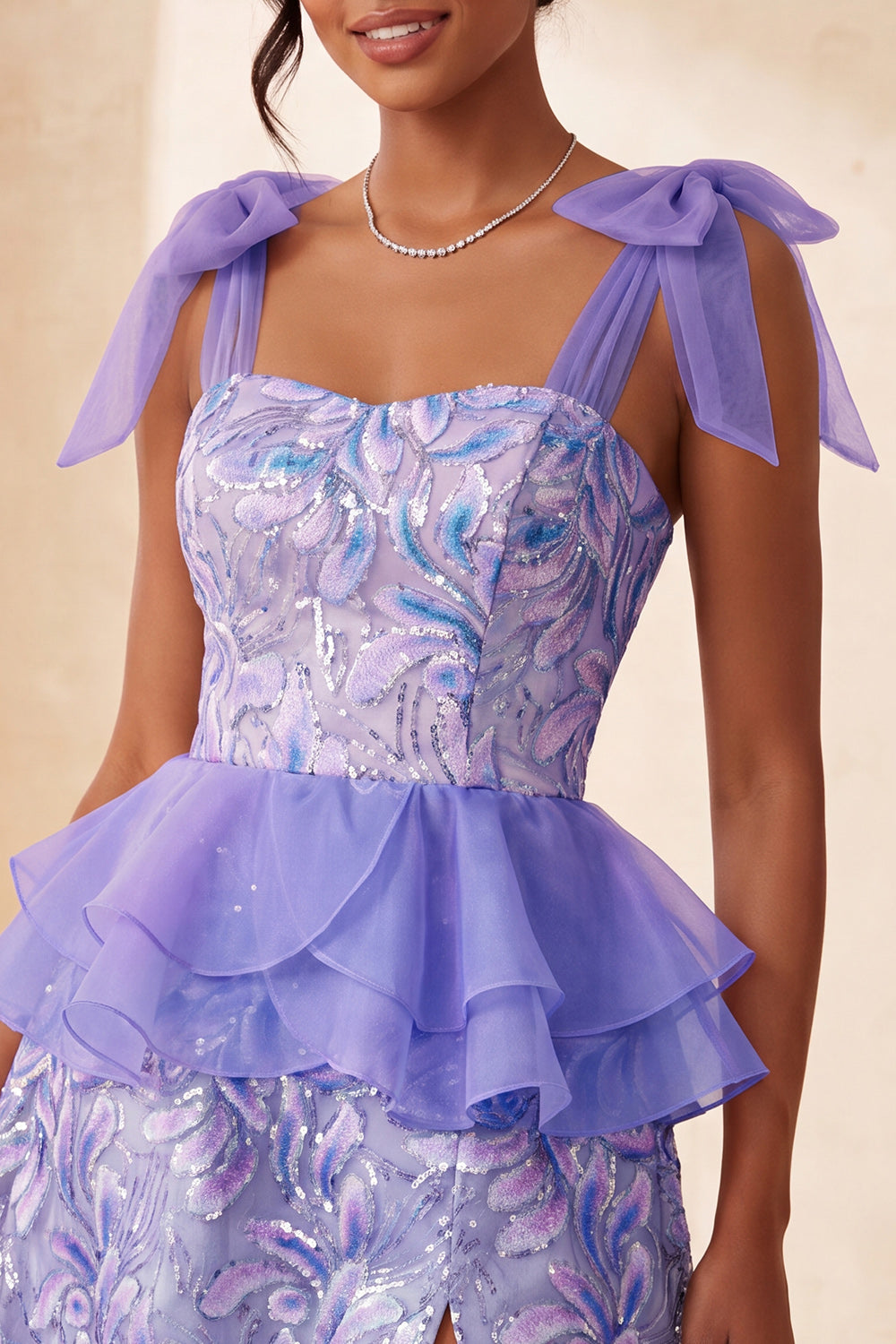 Sparkly Floral Purple Ruffled Sequin Short Homecoming Dress with Bows