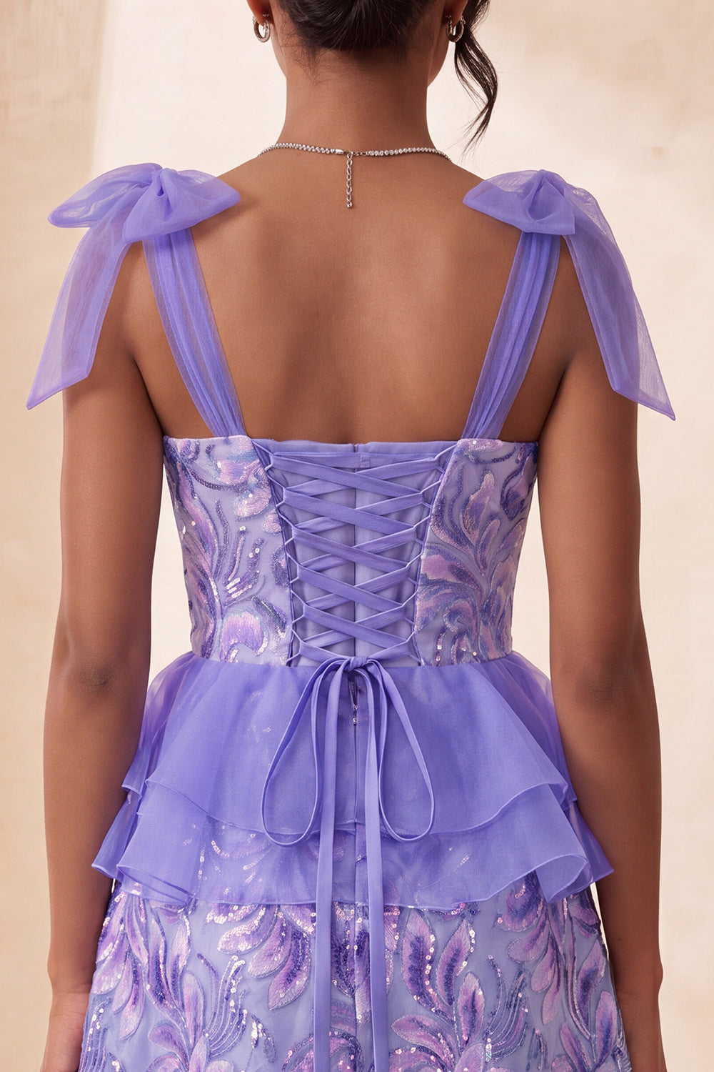 Sparkly Floral Purple Ruffled Sequin Short Homecoming Dress with Bows