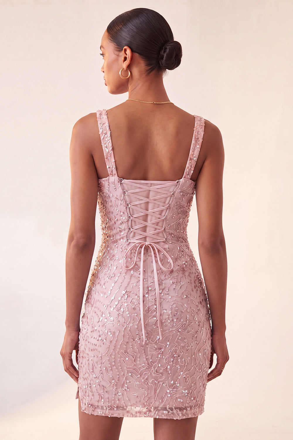 Sparkly Blush Sequin Short Tight Homecoming Dress with Slit