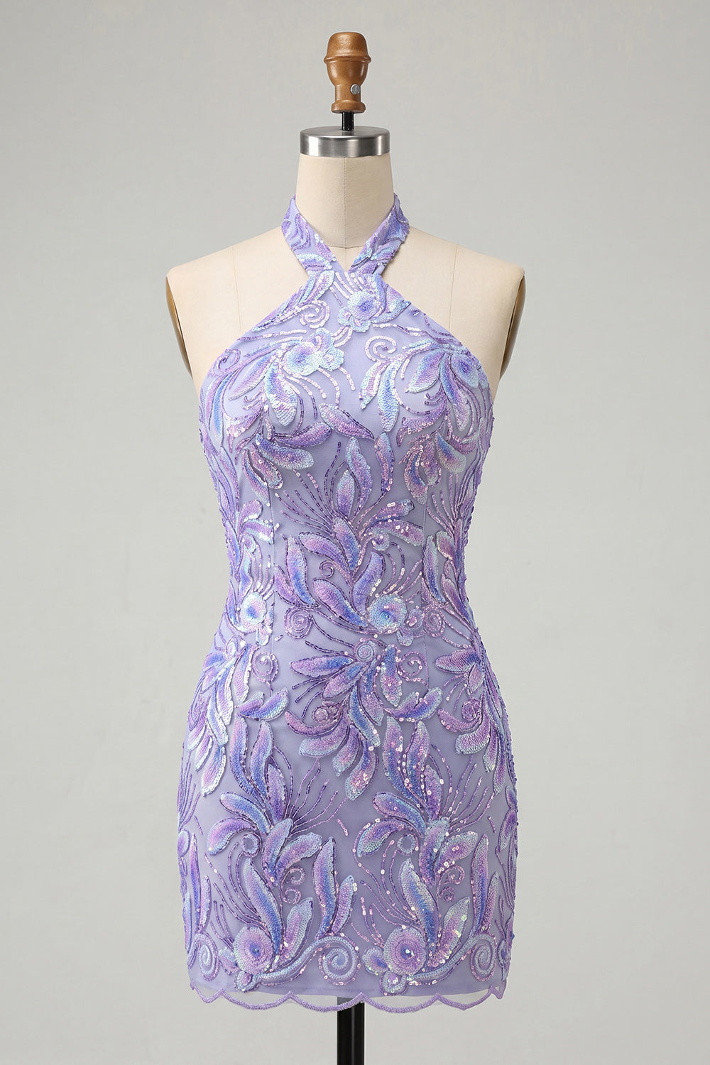 Sparkly Light Blue Floral Sequin Halter Tight Short Homecoming Dress