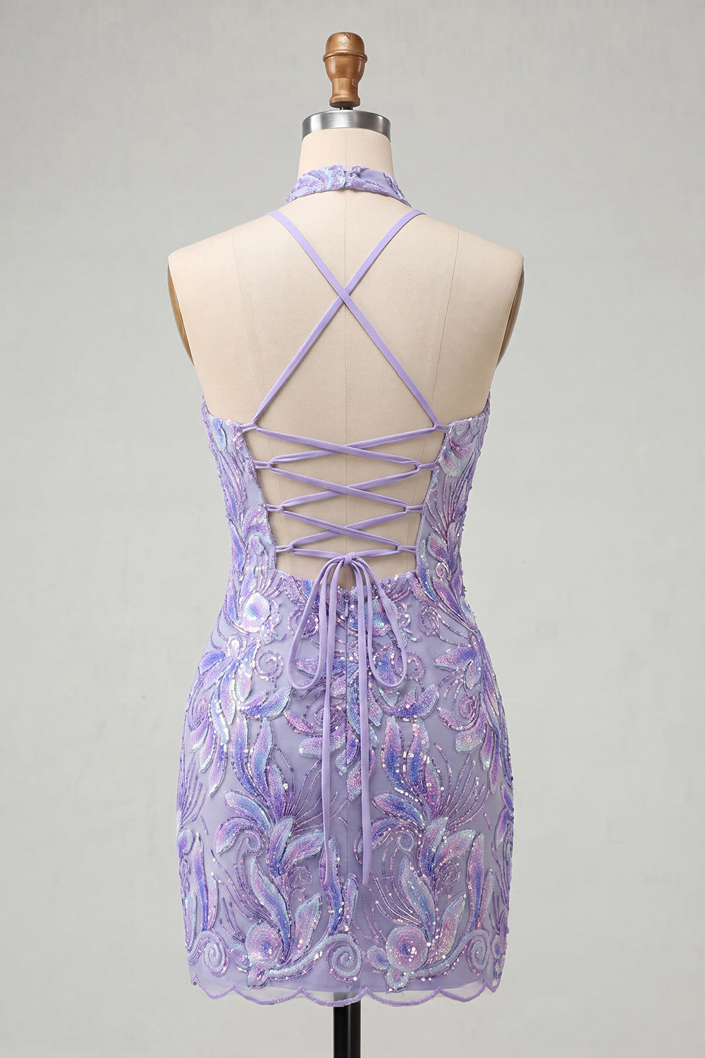 Sparkly Light Blue Floral Sequin Halter Tight Short Homecoming Dress