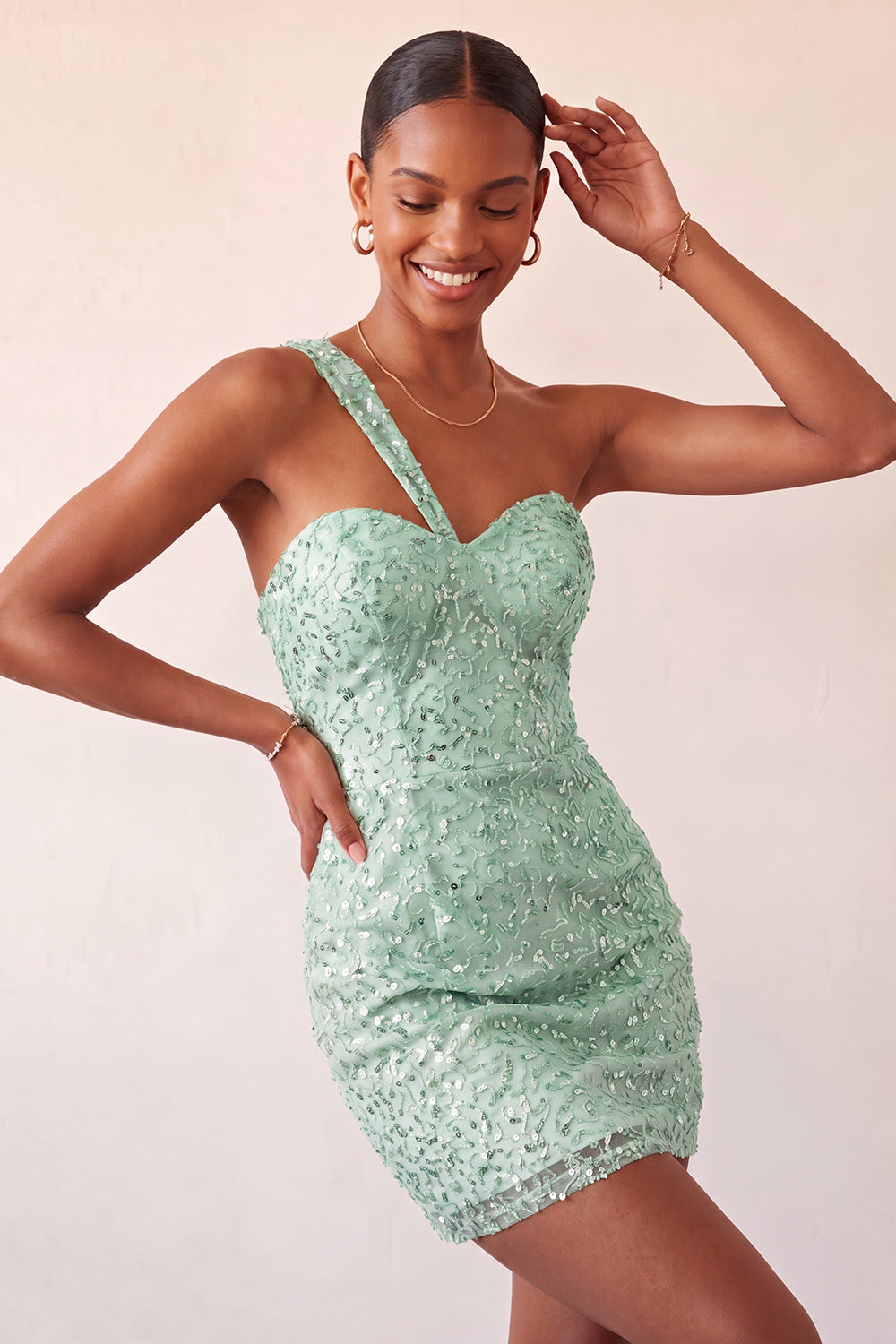 Sparkly Blush Sequin Short One Shoulder Tight Homcoming Dress