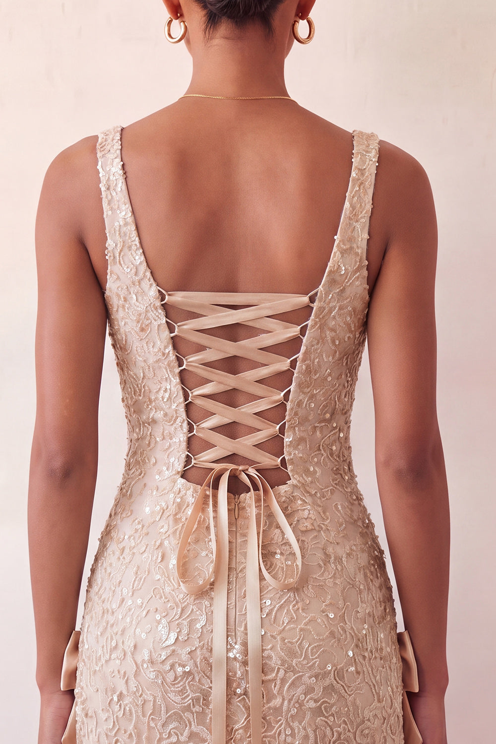 Sparkly Champagne Sequin Short Tight Homecoming Dress with Bows