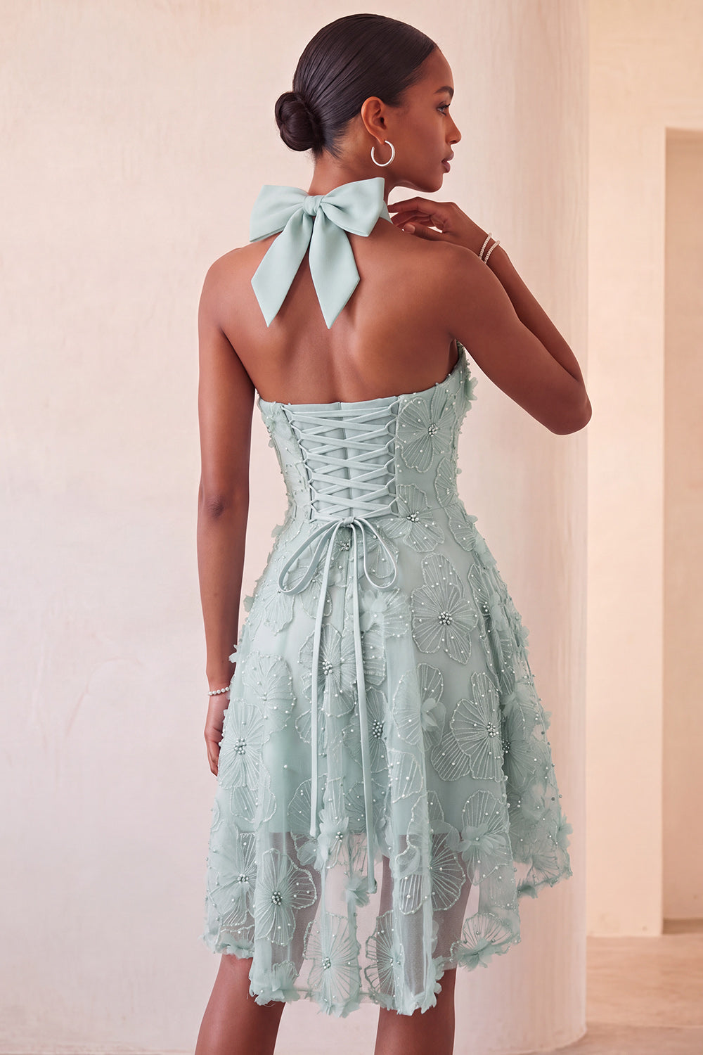 Mint Green Floral Beaded A-Line High-Low Homecoming Dress