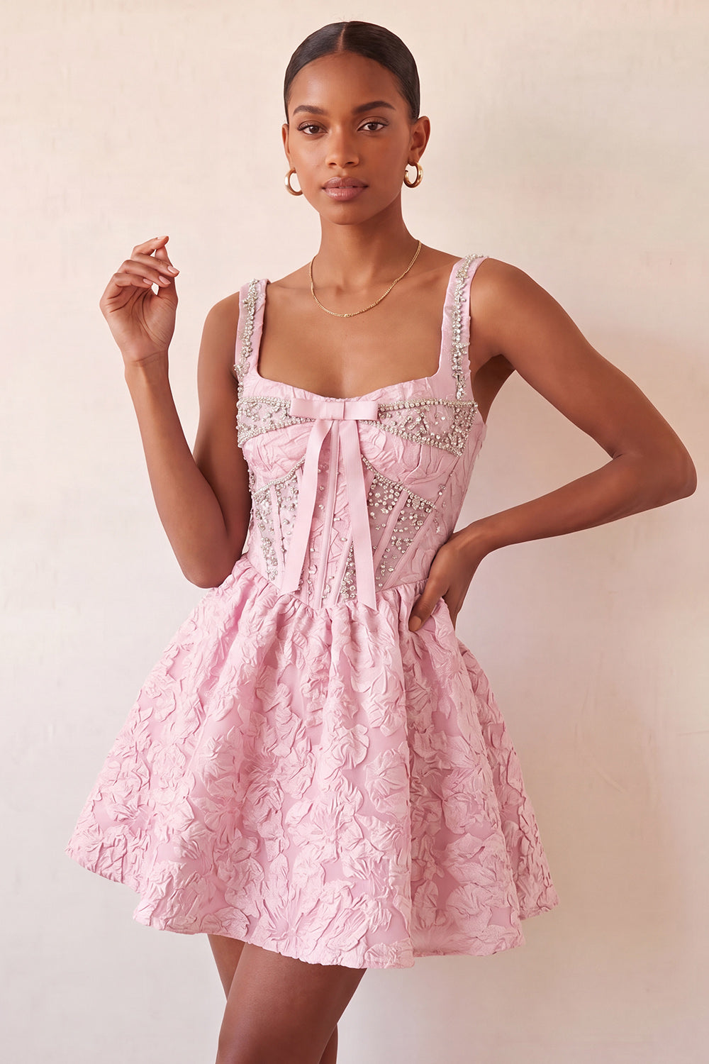 Pink Corset Jacquard Beaded A-Line Short Homecoming Dress