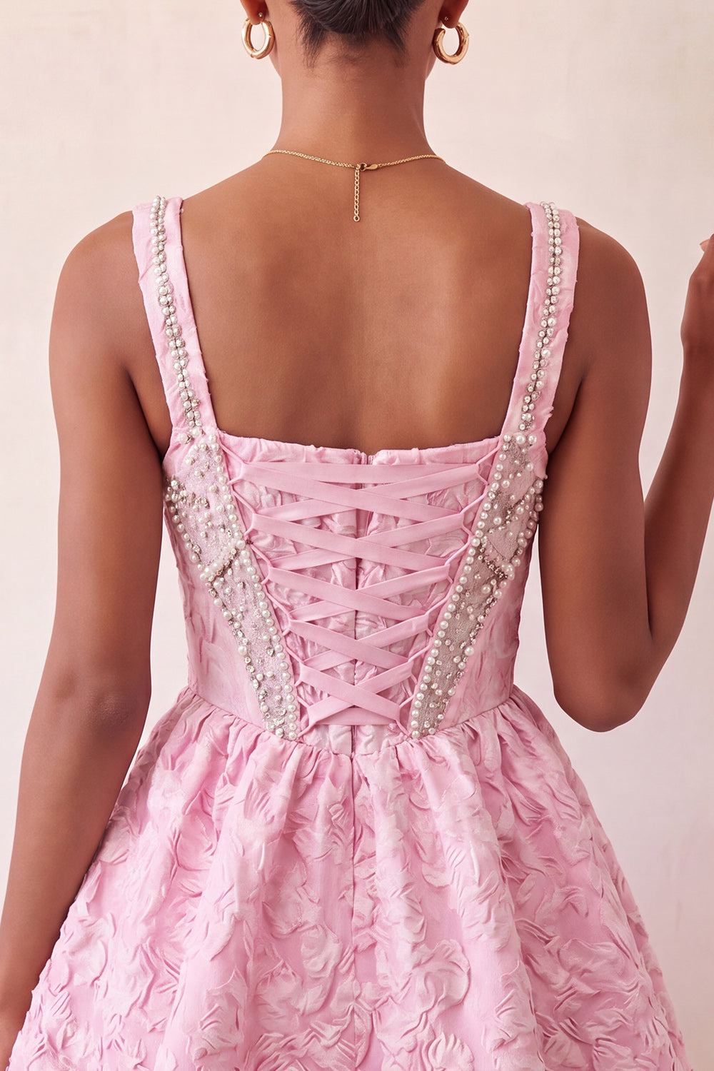 Pink Corset Jacquard Beaded A-Line Short Homecoming Dress