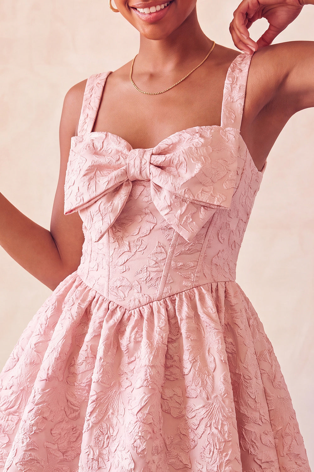 Pink Corset Jacquard A Line Short Homecoming Dress with Bow