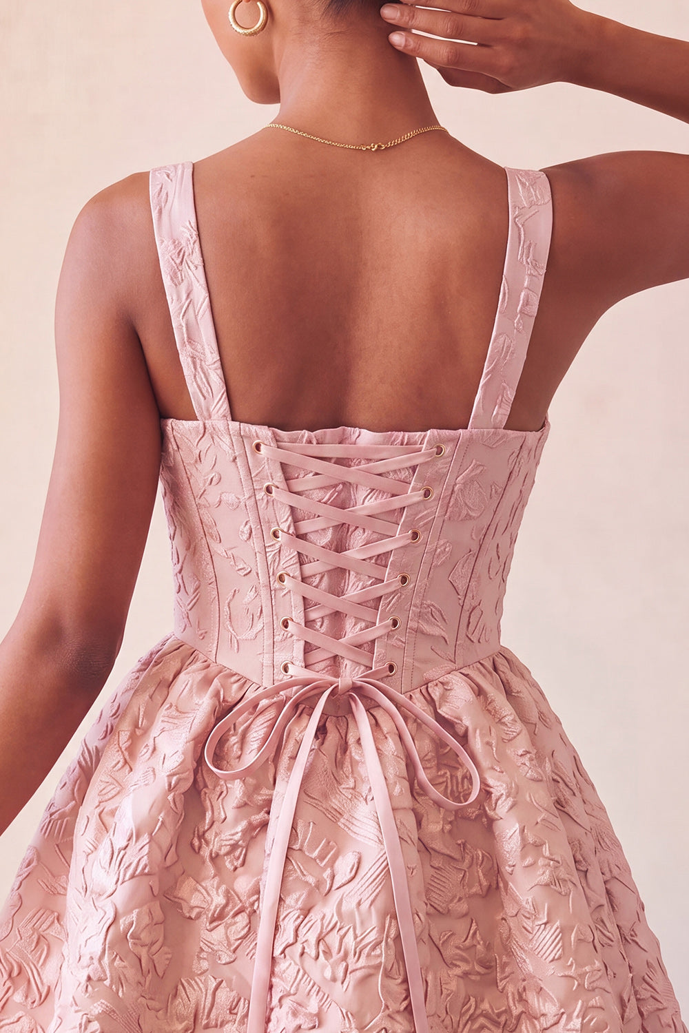 Pink Corset Jacquard A Line Short Homecoming Dress with Bow