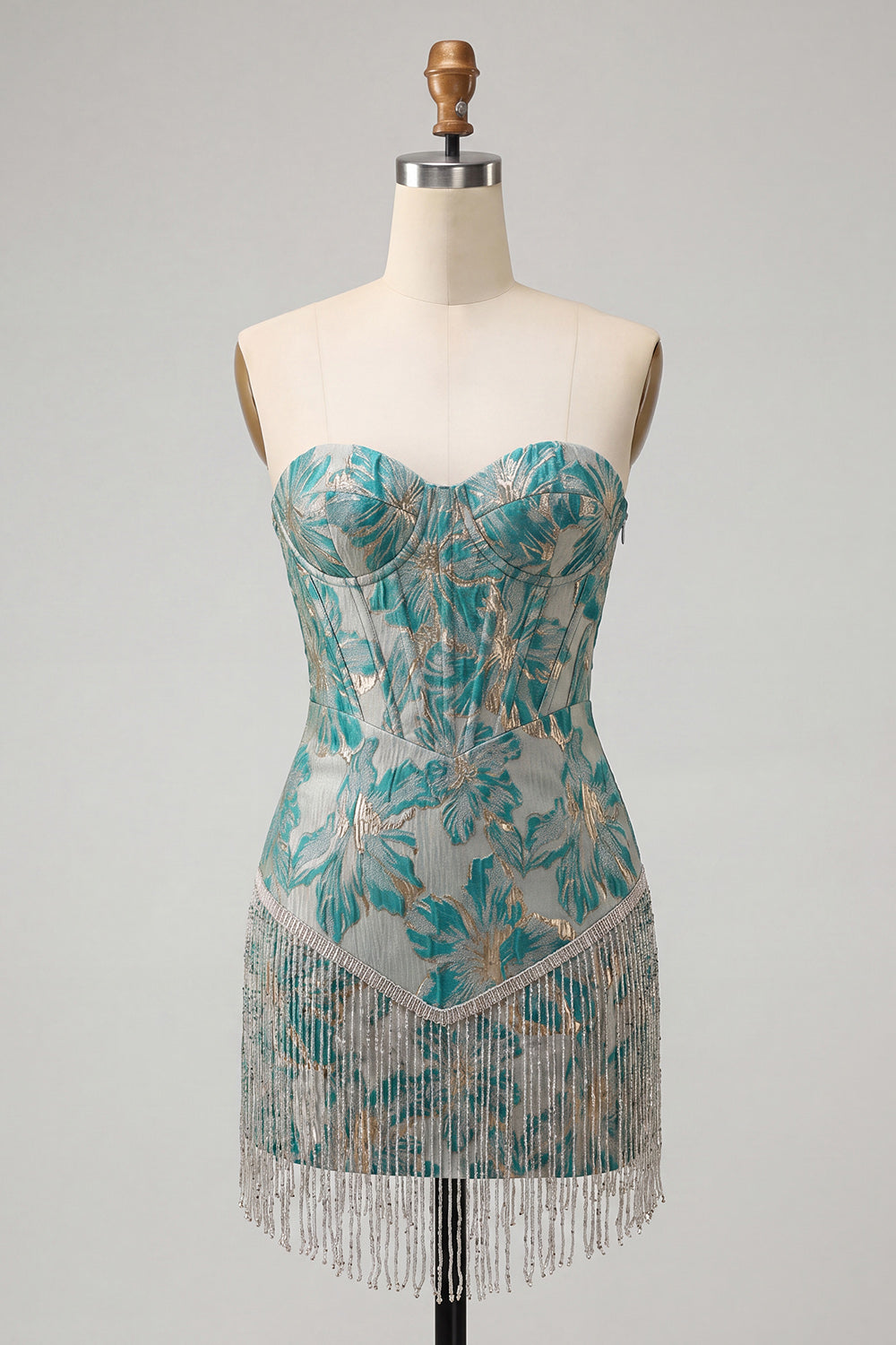 Light Blue Corset Jacquard Tight Short Homecoming Dress with Fringes