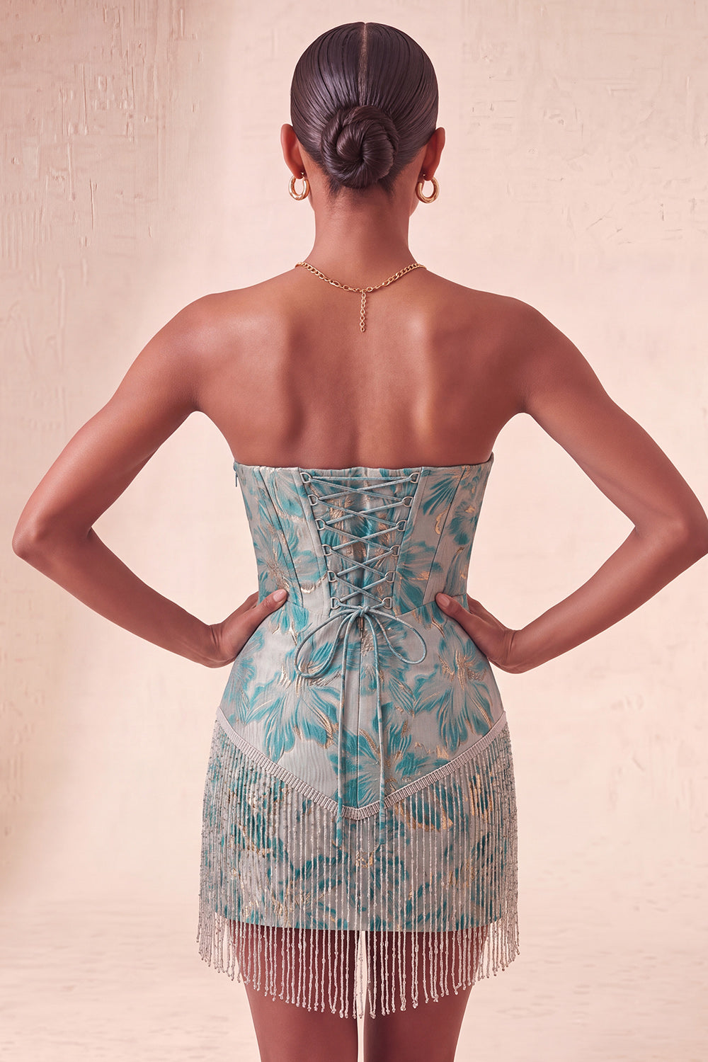 Light Blue Corset Jacquard Tight Short Homecoming Dress with Fringes