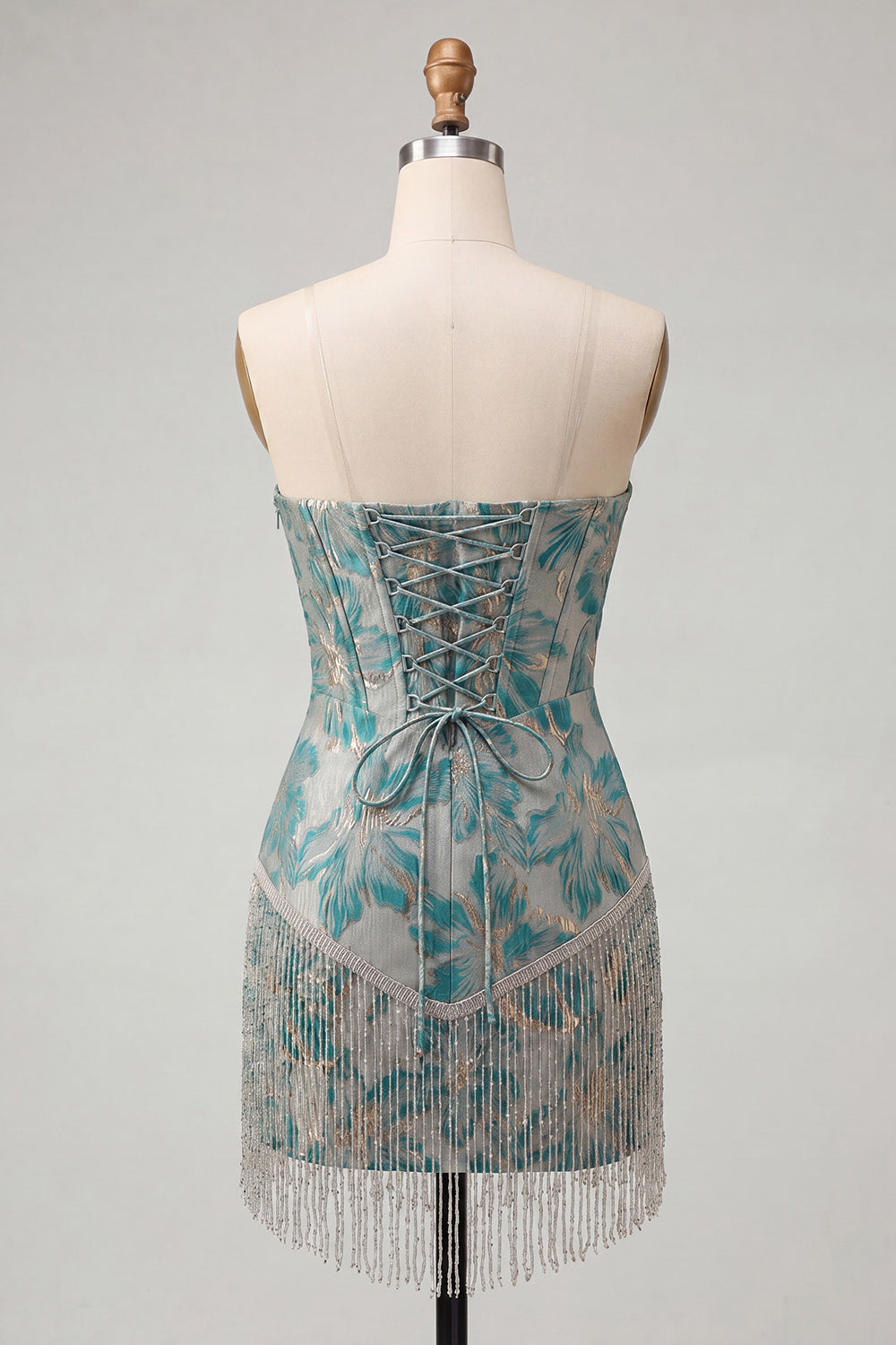 Light Blue Corset Jacquard Tight Short Homecoming Dress with Fringes