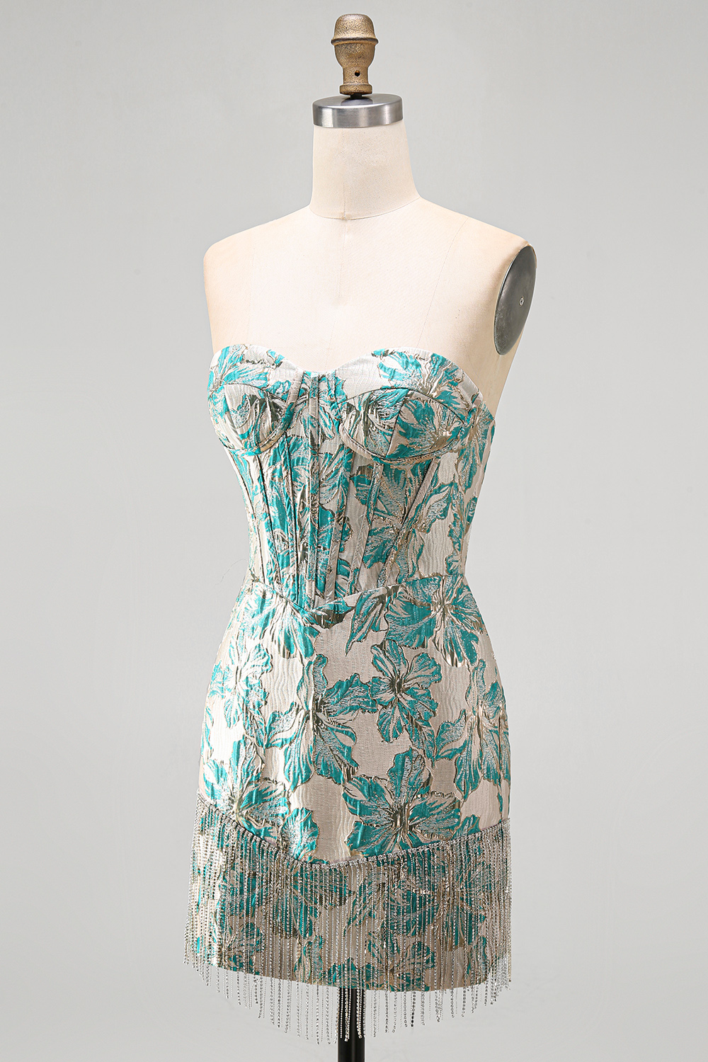 Light Blue Corset Jacquard Tight Short Homecoming Dress with Fringes