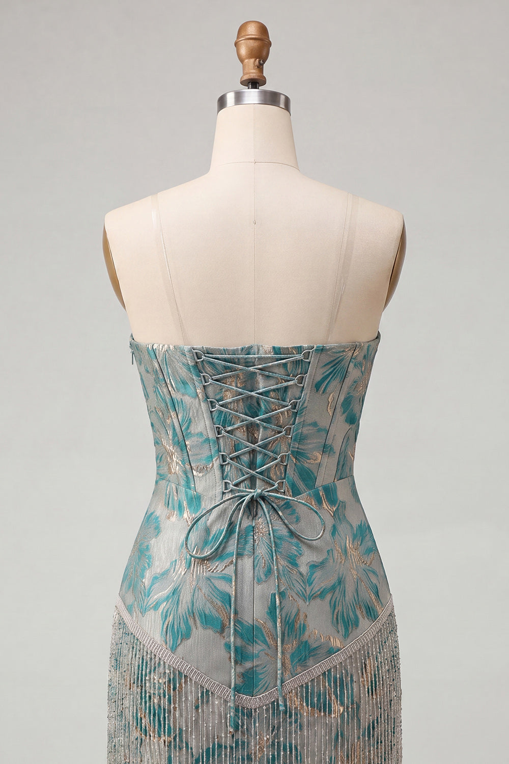 Light Blue Corset Jacquard Tight Short Homecoming Dress with Fringes