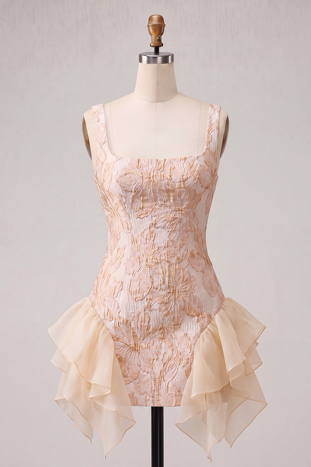 Champagne Ruffled Square Neck Tight Jacquard Short Homecoming Dress