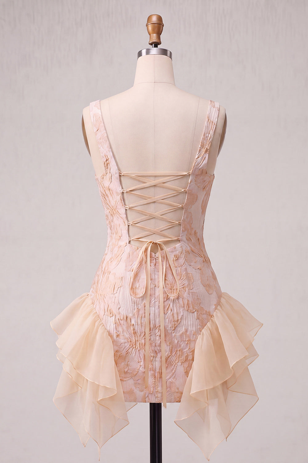 Champagne Ruffled Square Neck Tight Jacquard Short Homecoming Dress