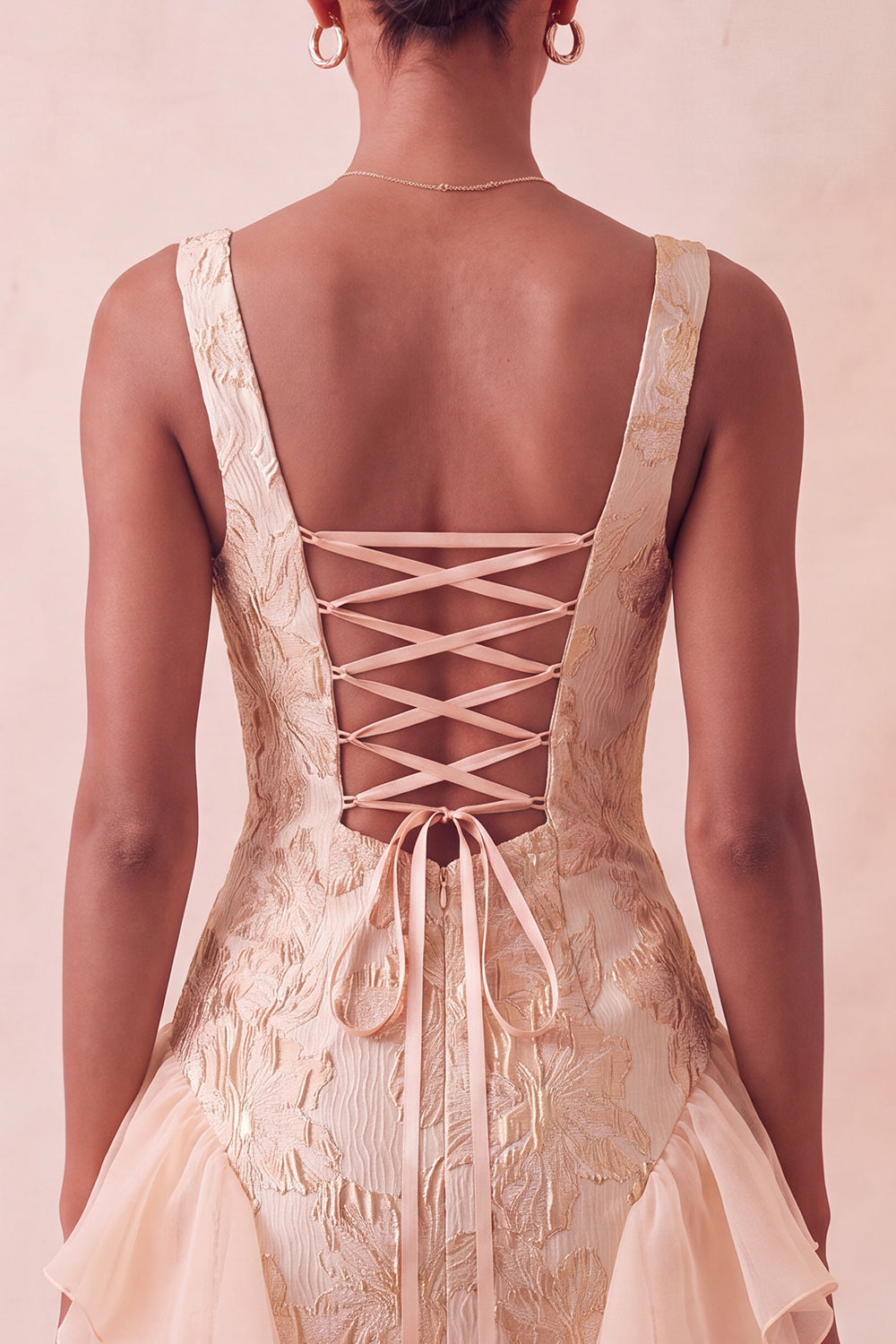 Champagne Ruffled Square Neck Tight Jacquard Short Homecoming Dress