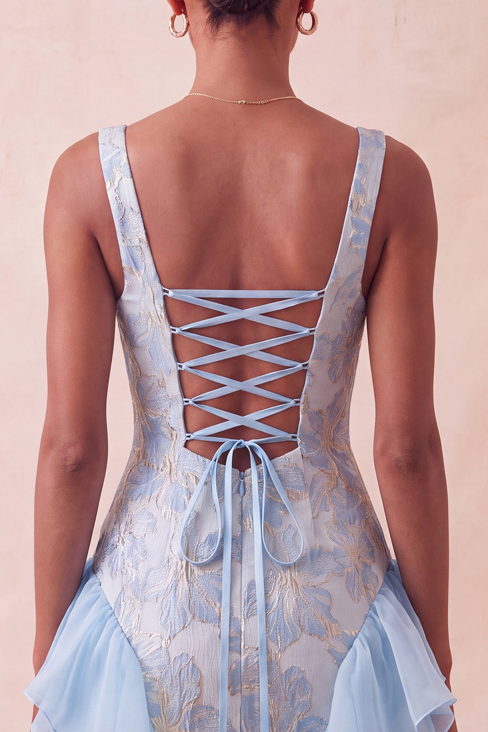 Champagne Ruffled Square Neck Tight Jacquard Short Homecoming Dress