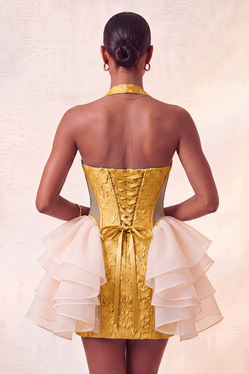 Dusty Sage Ruffled Jacquard Halter Tight Short Homecoming Dress