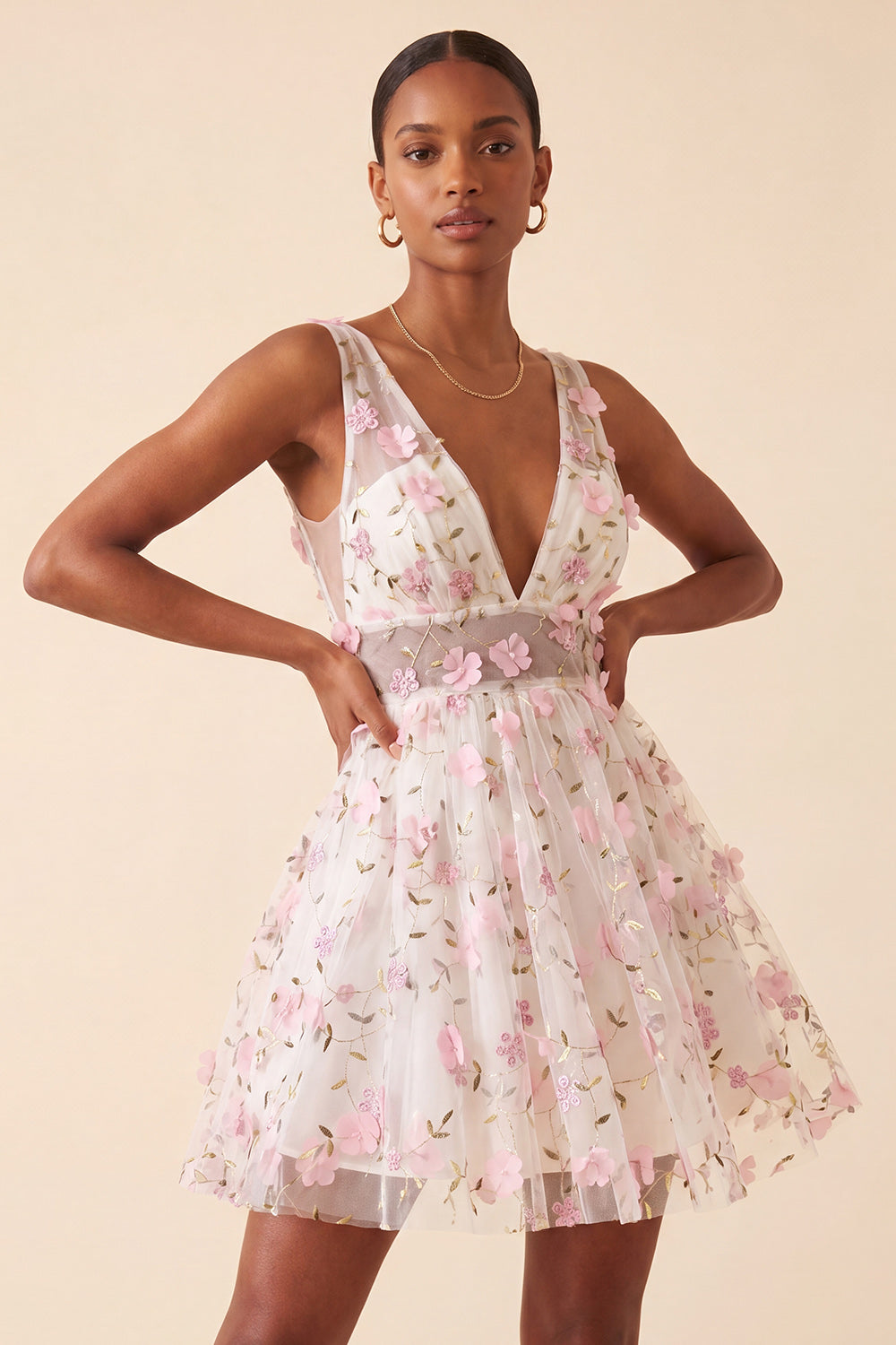 Light Yellow A-Line V-Neck Short Homecoming Dress with 3D Flowers