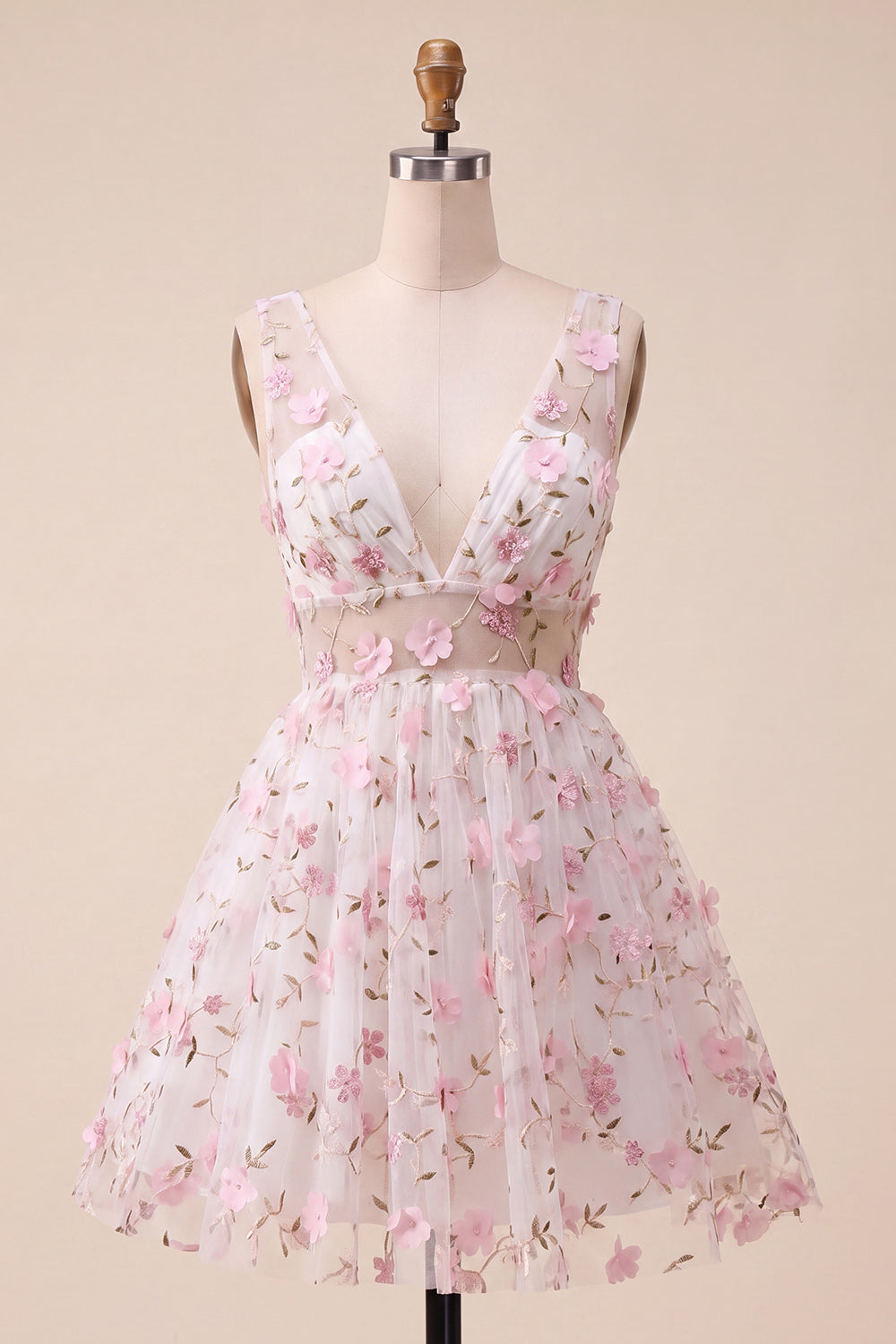 Light Yellow A-Line V-Neck Short Homecoming Dress with 3D Flowers