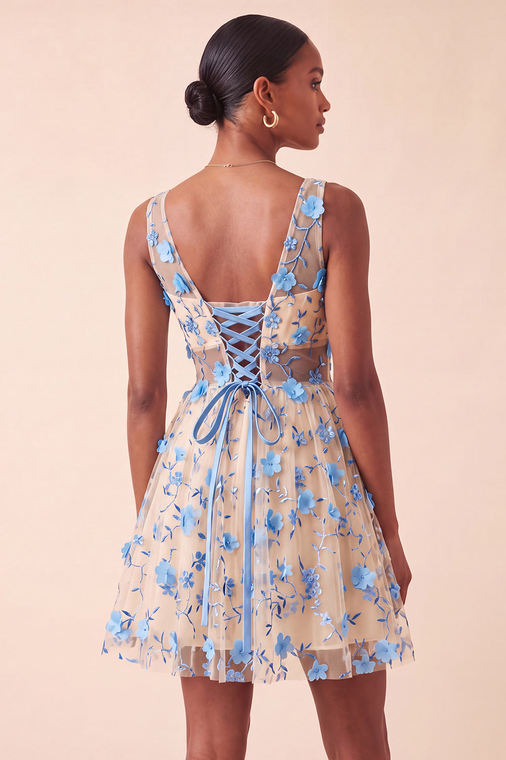 Light Yellow A-Line V-Neck Short Homecoming Dress with 3D Flowers