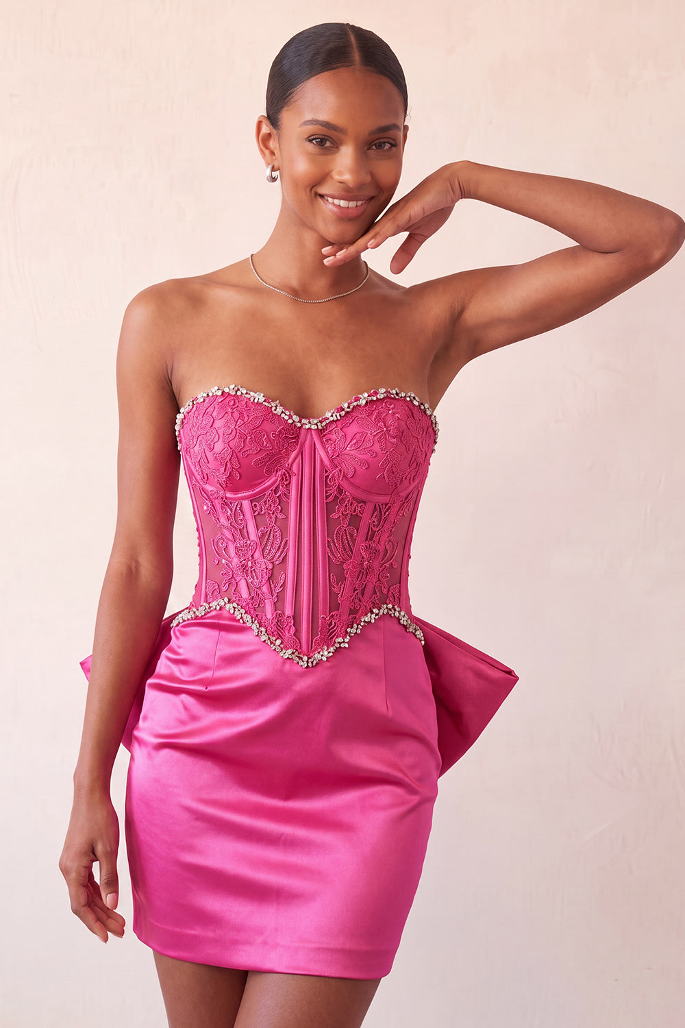 Fuchsia Corset Appliqued Satin Tight Short Homecoming Dress with Bow