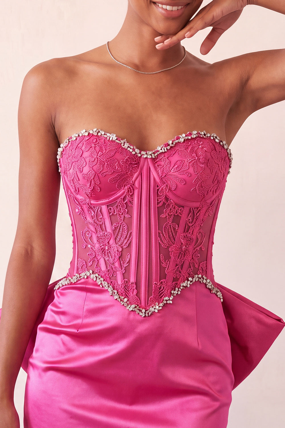 Fuchsia Corset Appliqued Satin Tight Short Homecoming Dress with Bow
