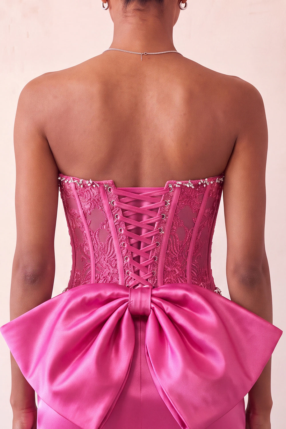 Fuchsia Corset Appliqued Satin Tight Short Homecoming Dress with Bow