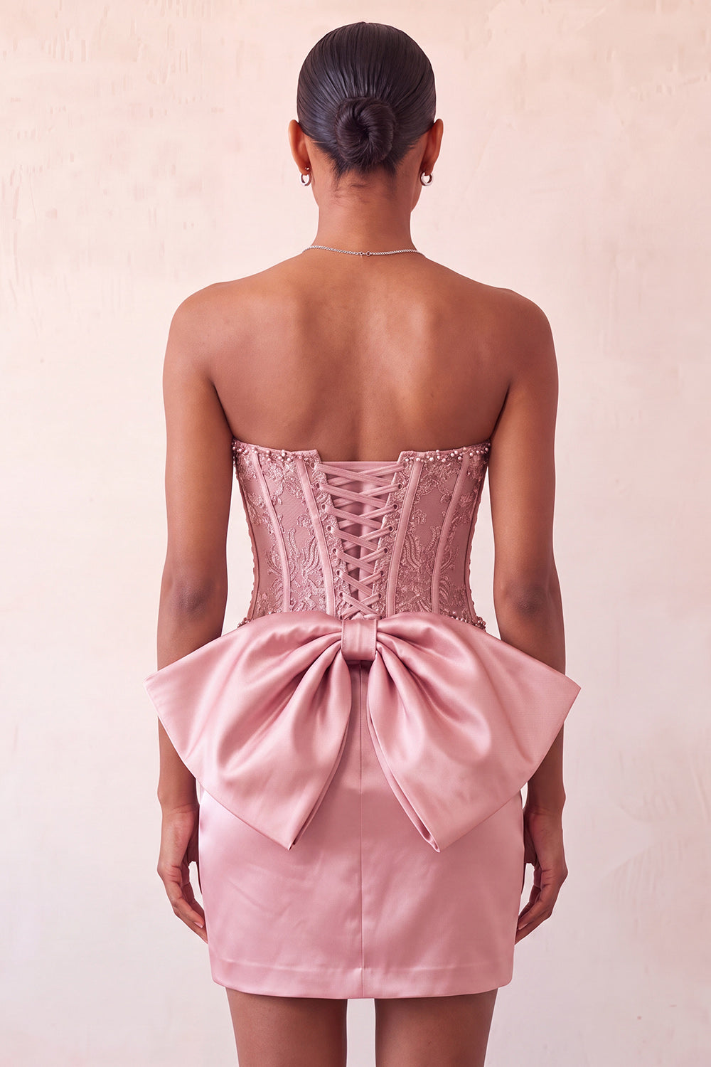 Fuchsia Corset Appliqued Satin Tight Short Homecoming Dress with Bow