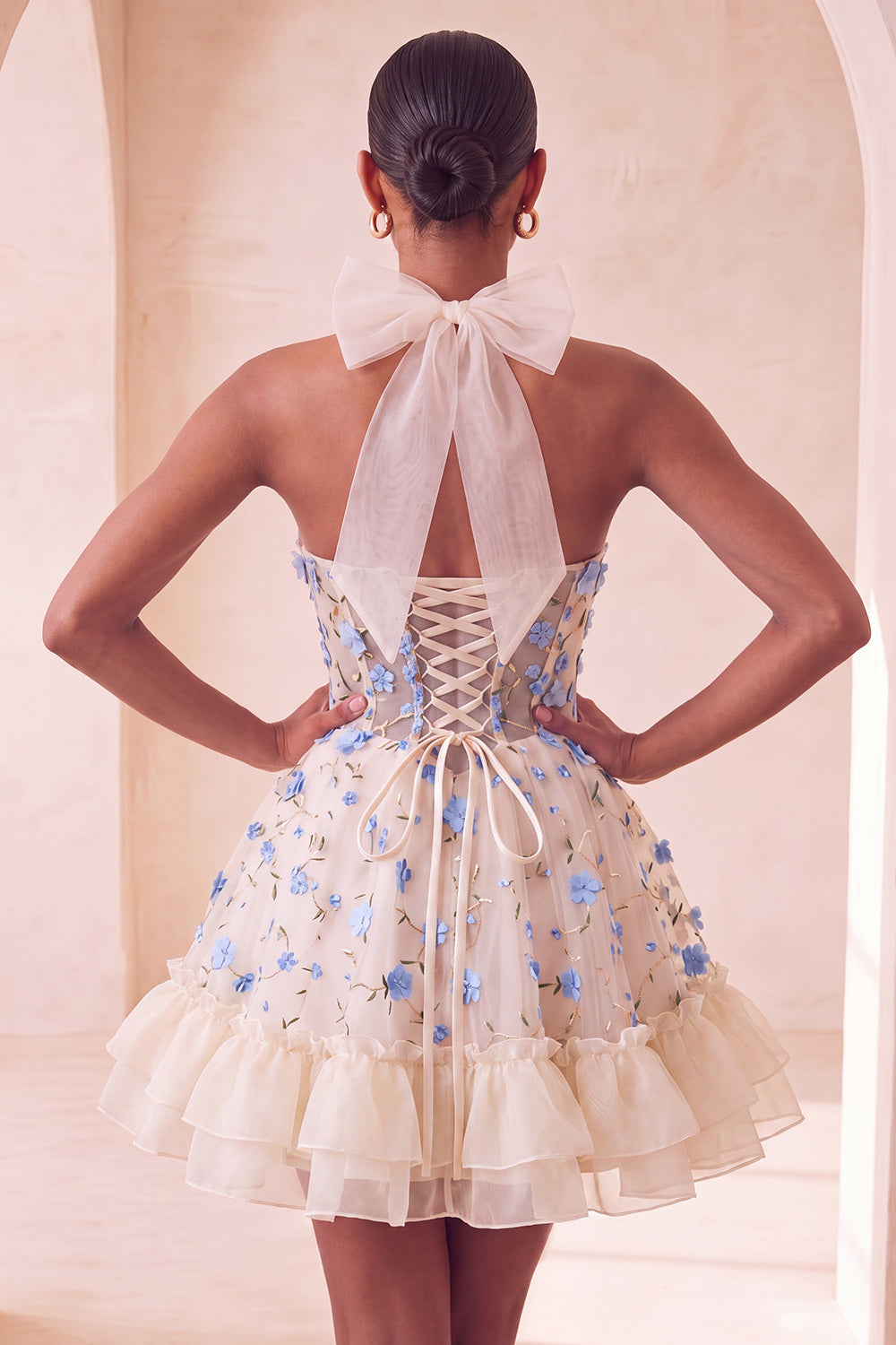 Light Pink Floral Halter Corset Ruffled A Line Short Homecoming Dress