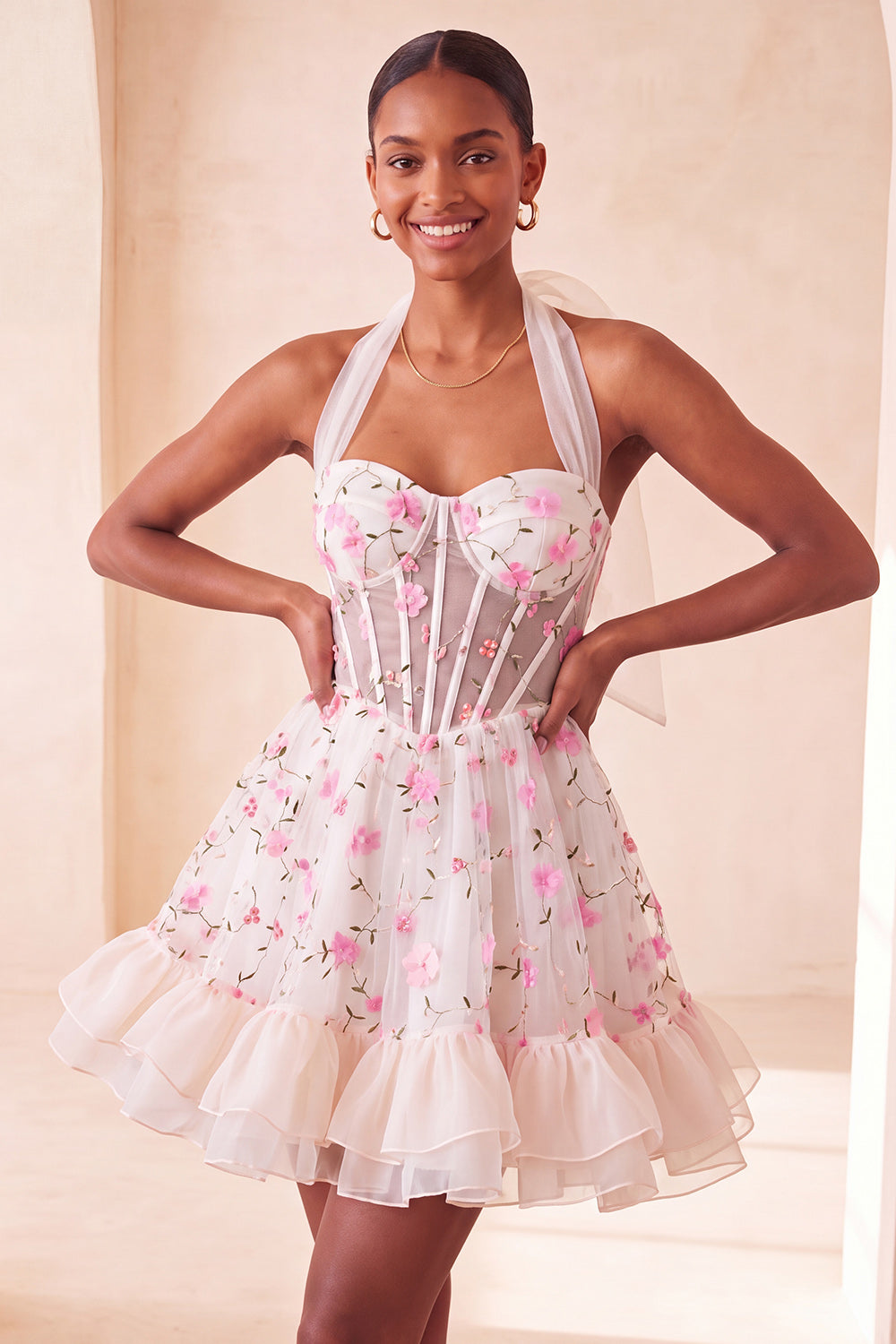 Light Pink Floral Halter Corset Ruffled A Line Short Homecoming Dress