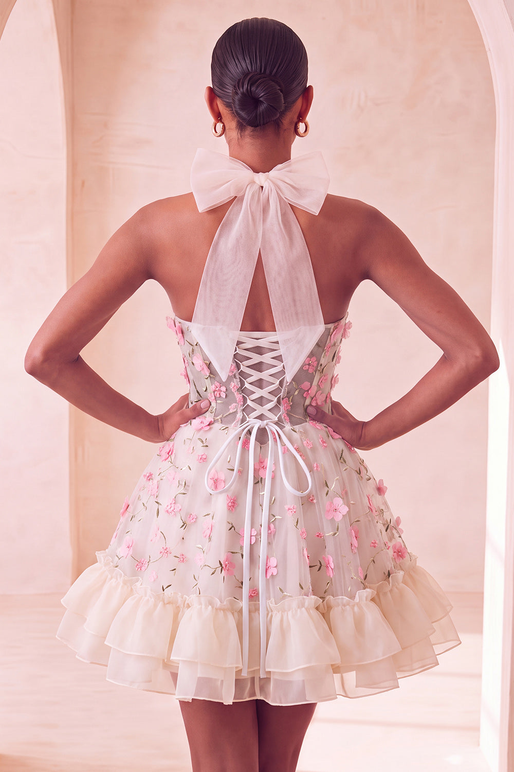 Light Pink Floral Halter Corset Ruffled A Line Short Homecoming Dress