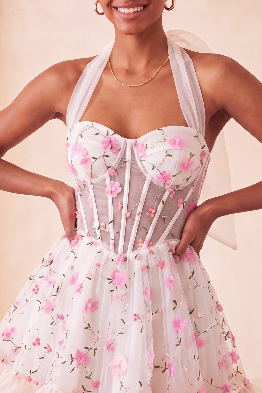Light Pink Floral Halter Corset Ruffled A Line Short Homecoming Dress
