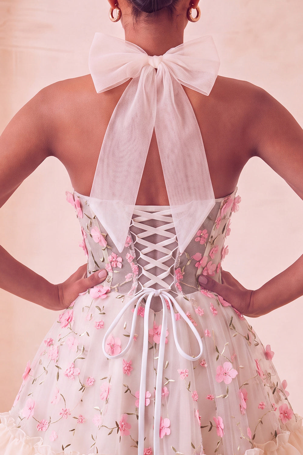 Light Pink Floral Halter Corset Ruffled A Line Short Homecoming Dress