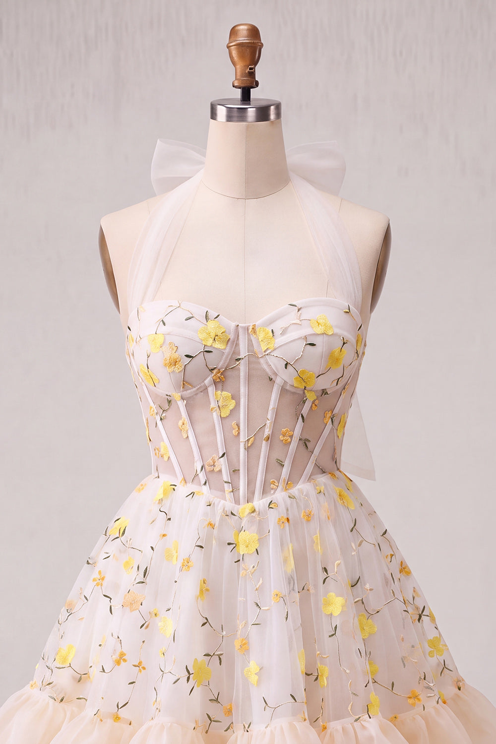 Light Pink Floral Halter Corset Ruffled A Line Short Homecoming Dress