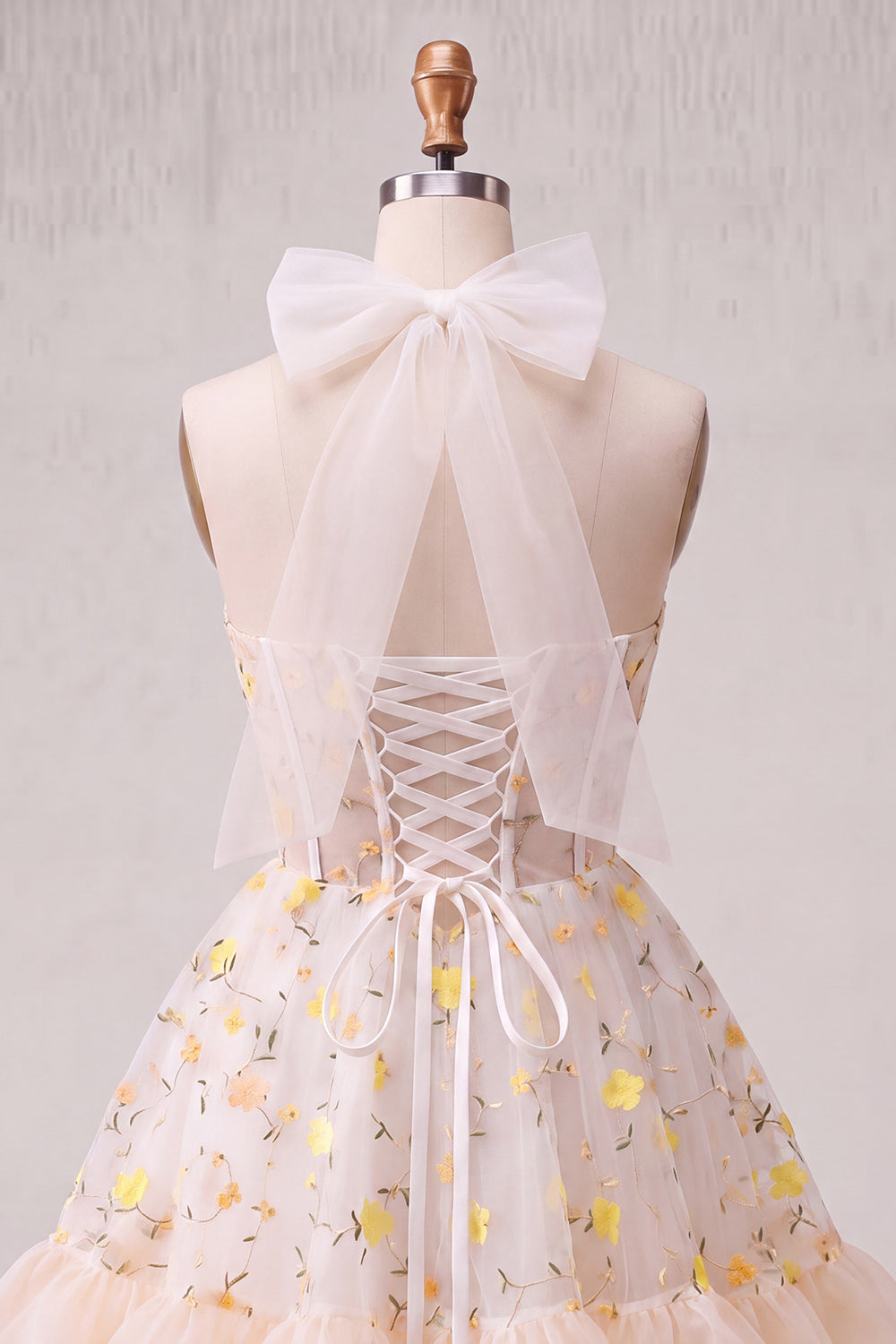 Light Pink Floral Halter Corset Ruffled A Line Short Homecoming Dress