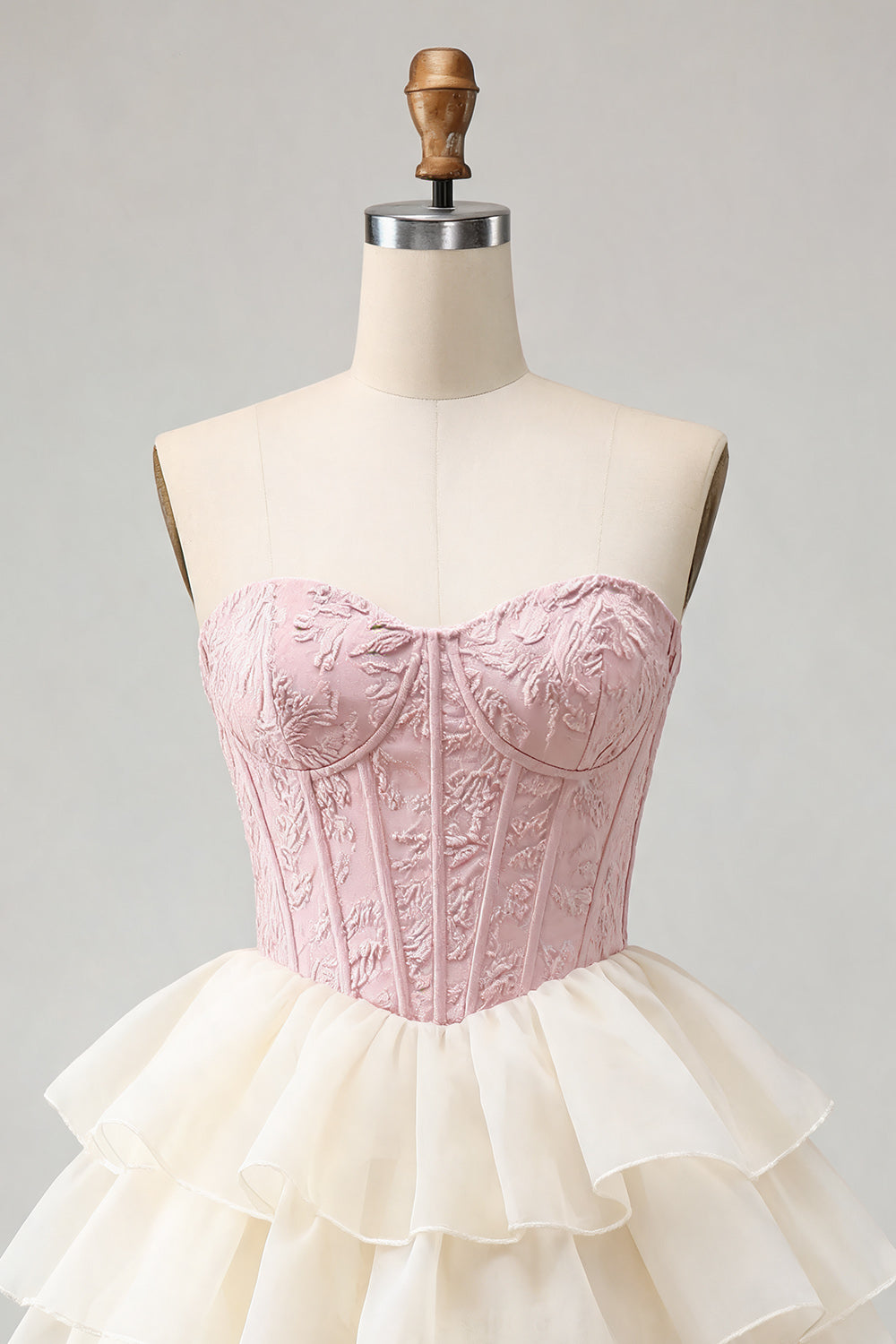 Pink Ruffled Corset Jacquard Tiered A Line Short Homecoming Dress