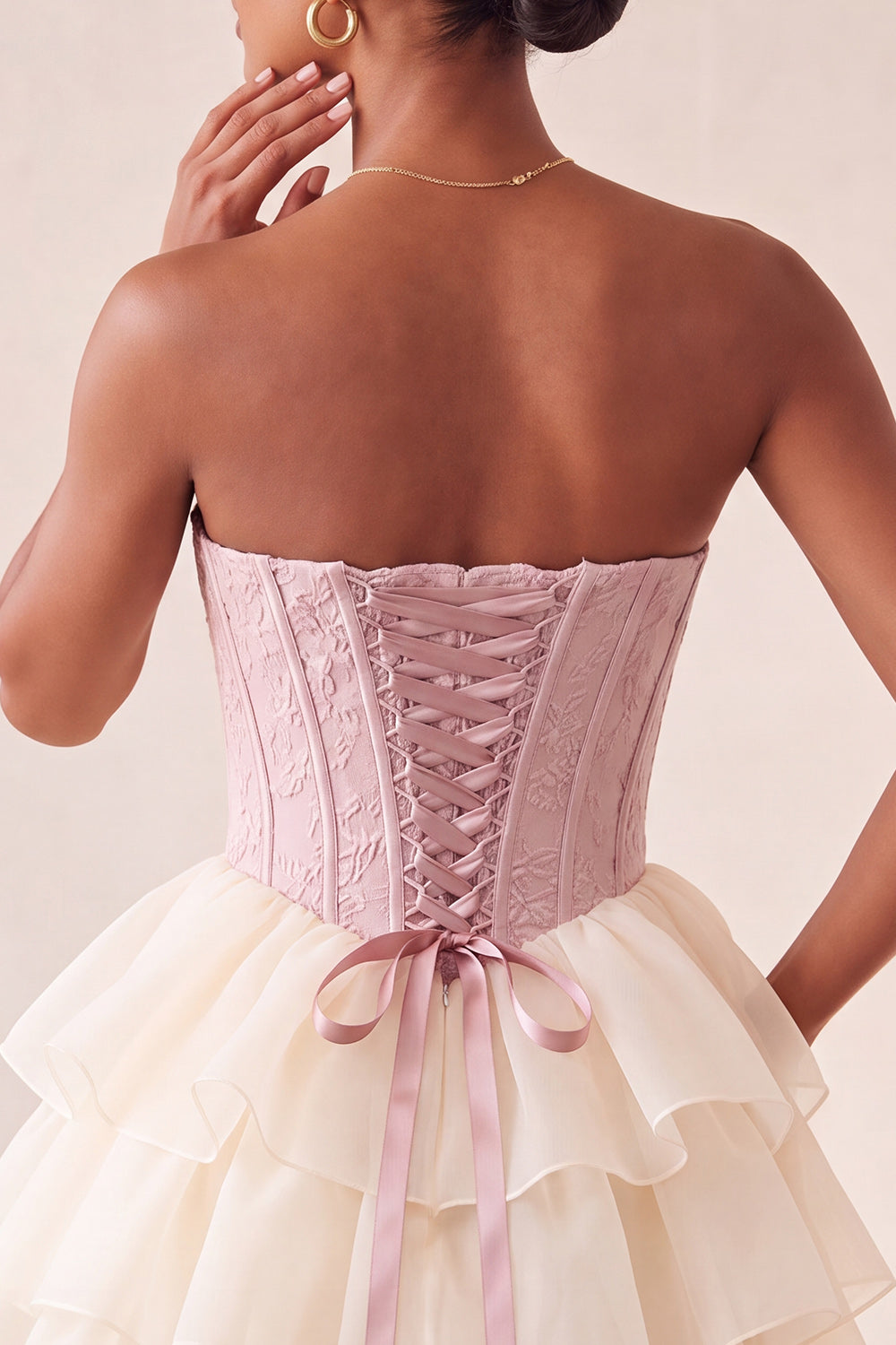 Pink Ruffled Corset Jacquard Tiered A Line Short Homecoming Dress