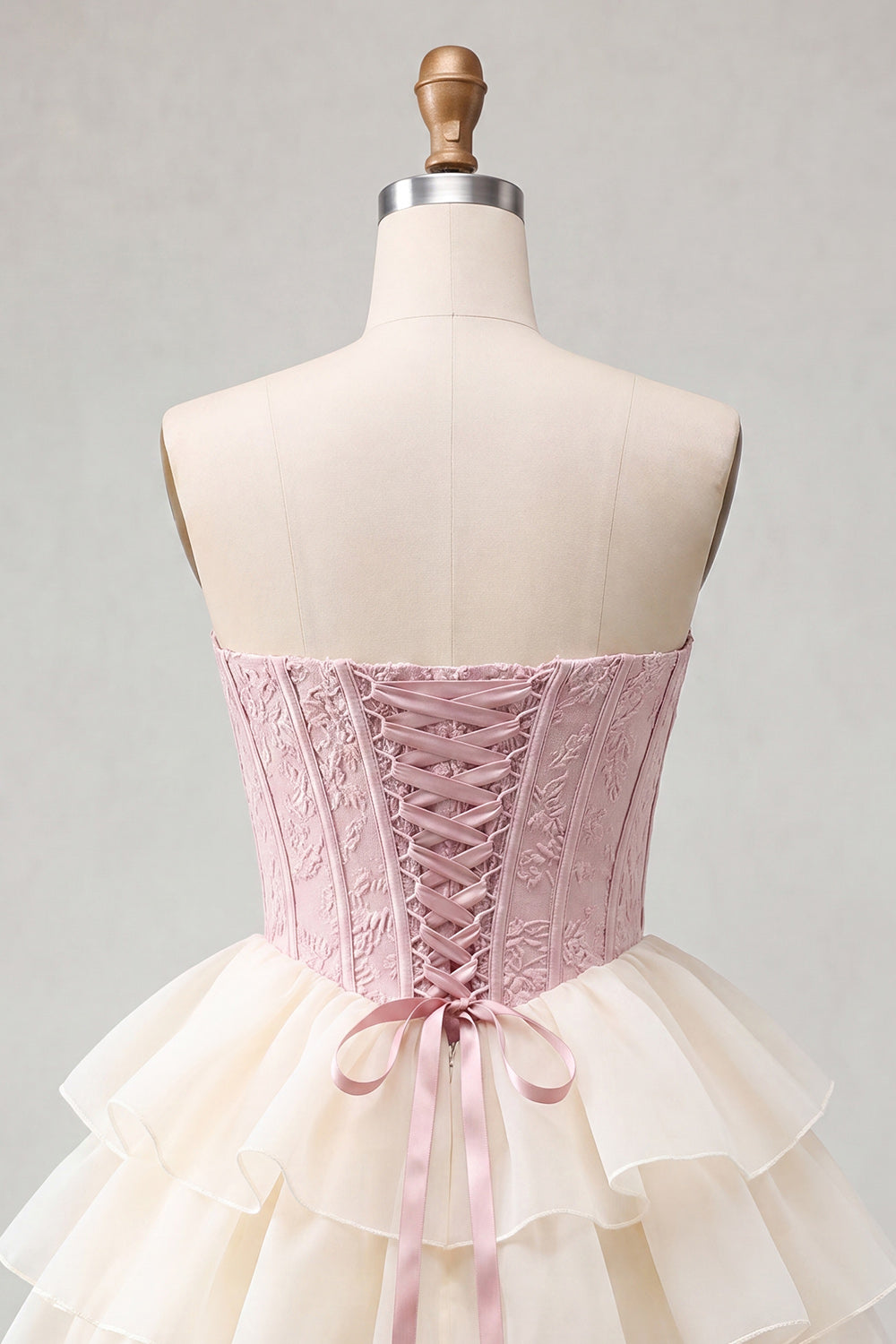 Pink Ruffled Corset Jacquard Tiered A Line Short Homecoming Dress