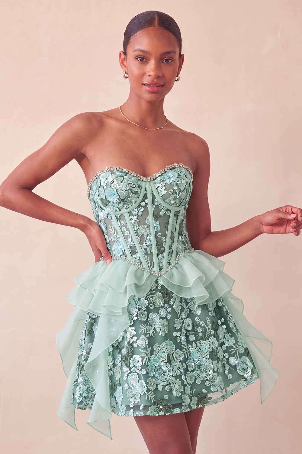 Sparkly Red Corset Sequin Floral Ruffled Short Homecoming Dress