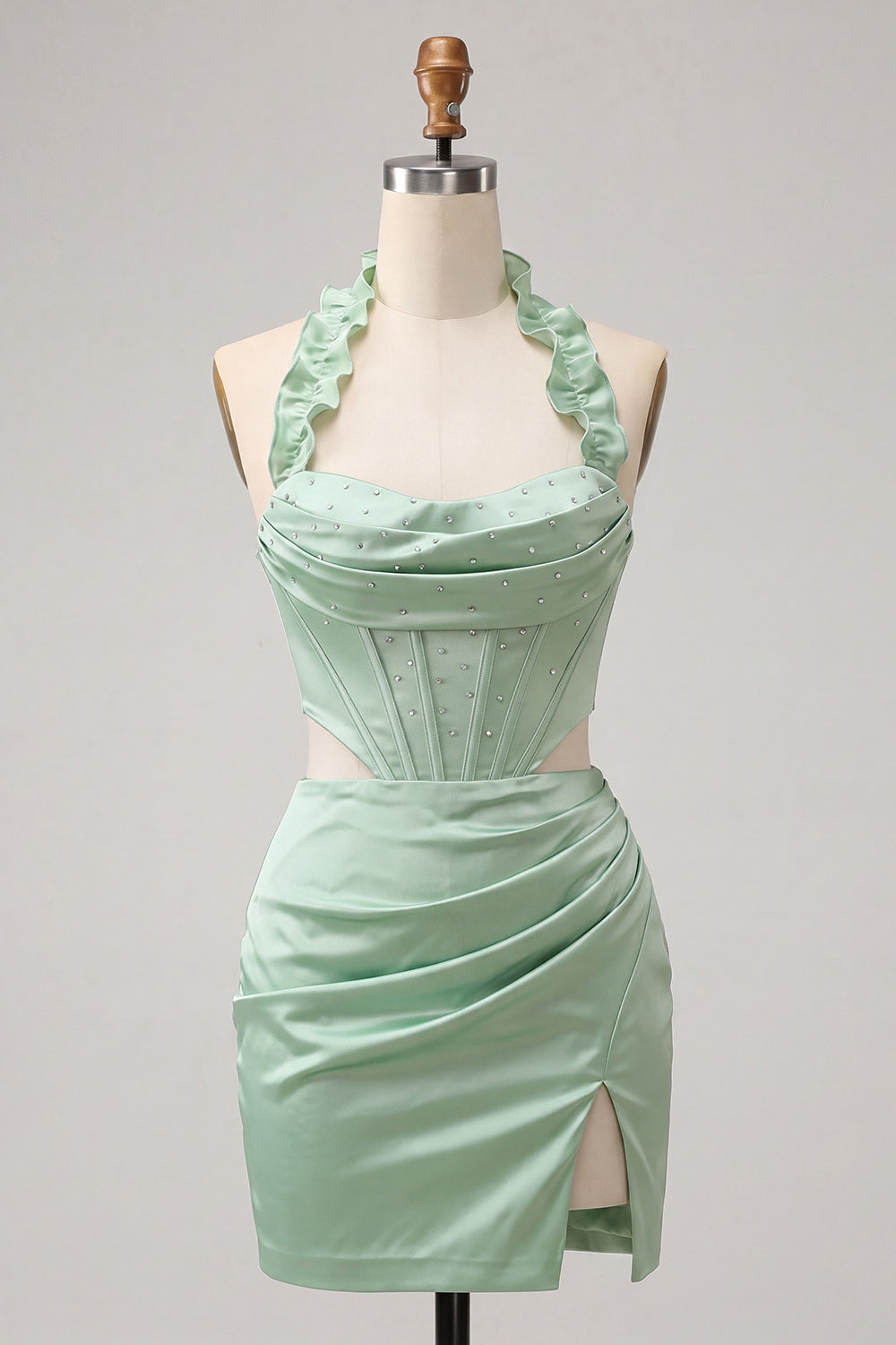 Sky Blue Ruffled Beaded Corset Halter Tight Short Homecoming Dress