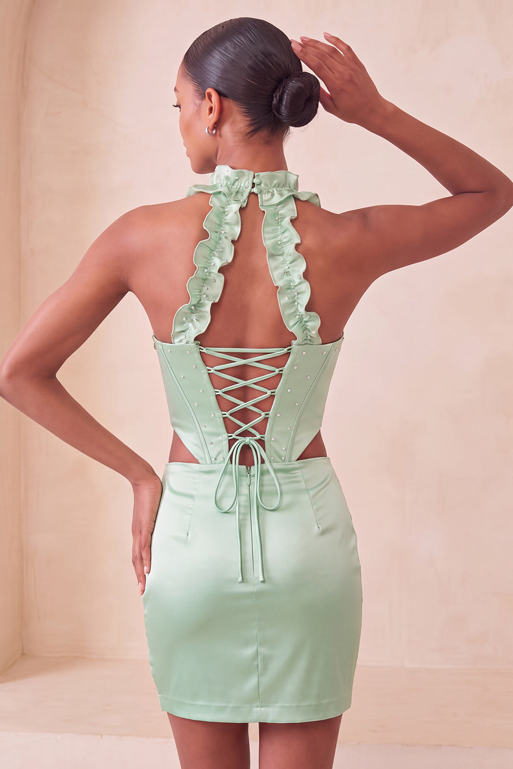 Sky Blue Ruffled Beaded Corset Halter Tight Short Homecoming Dress