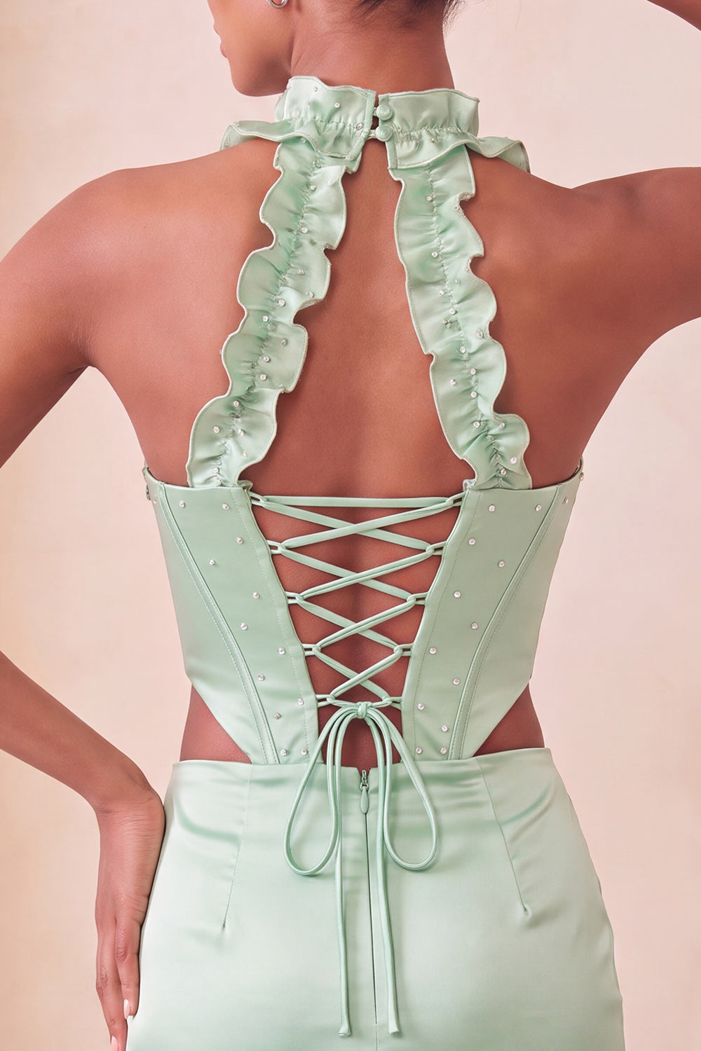 Sky Blue Ruffled Beaded Corset Halter Tight Short Homecoming Dress