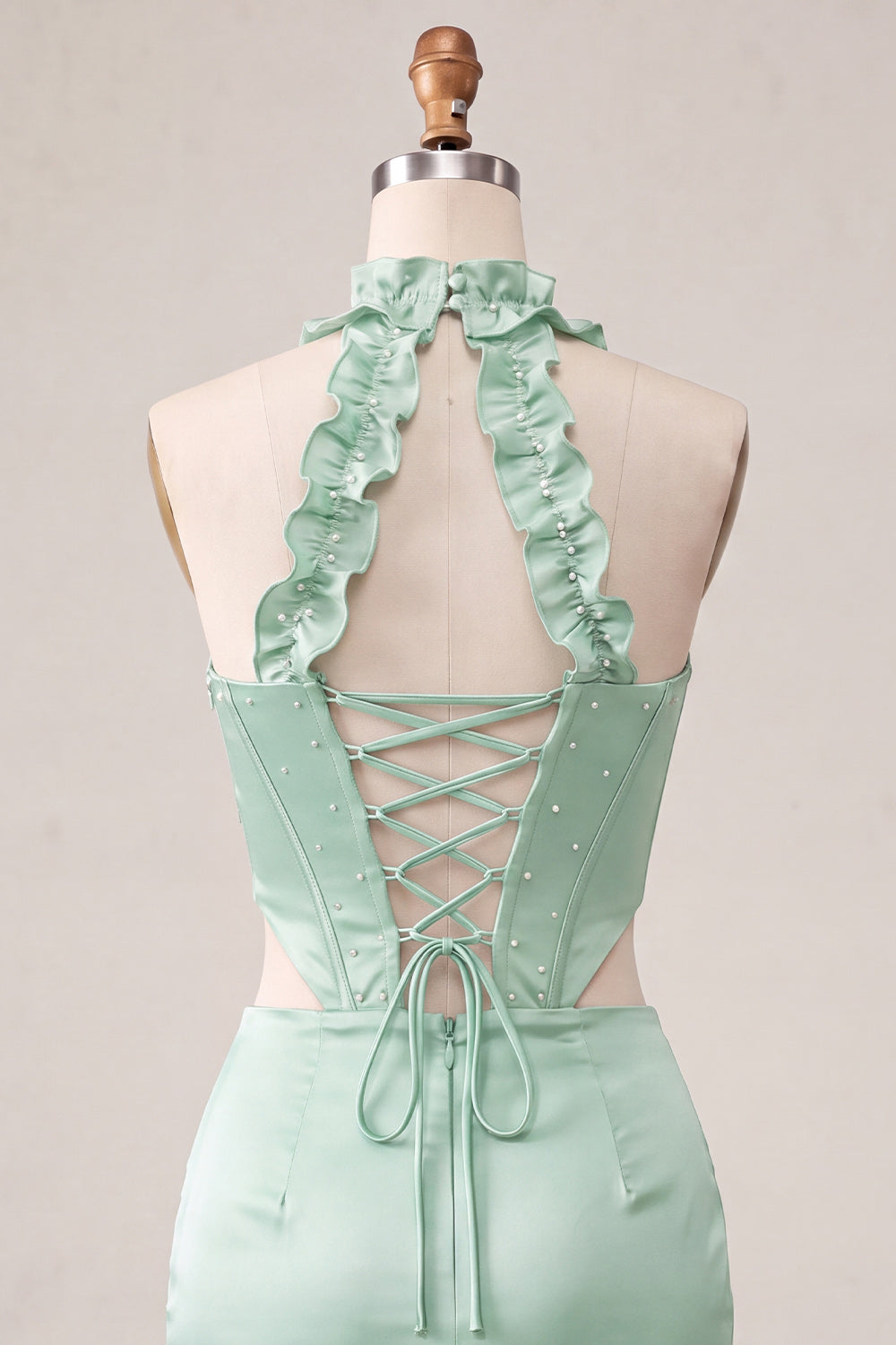 Sky Blue Ruffled Beaded Corset Halter Tight Short Homecoming Dress