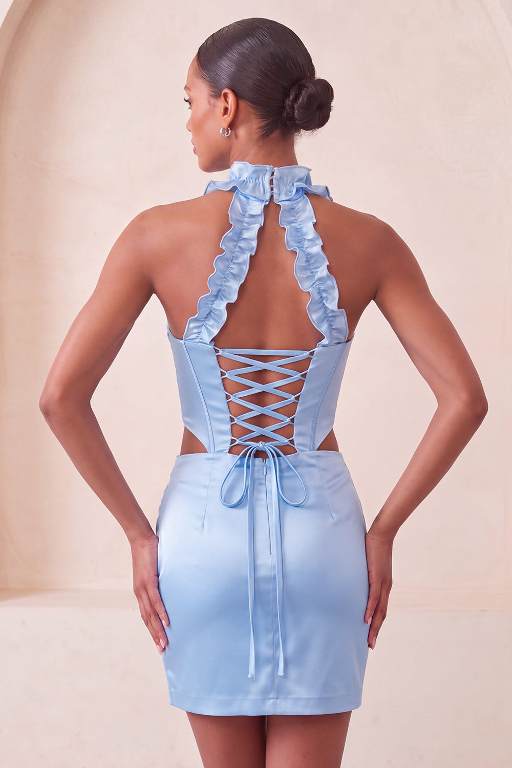 Sky Blue Ruffled Beaded Corset Halter Tight Short Homecoming Dress
