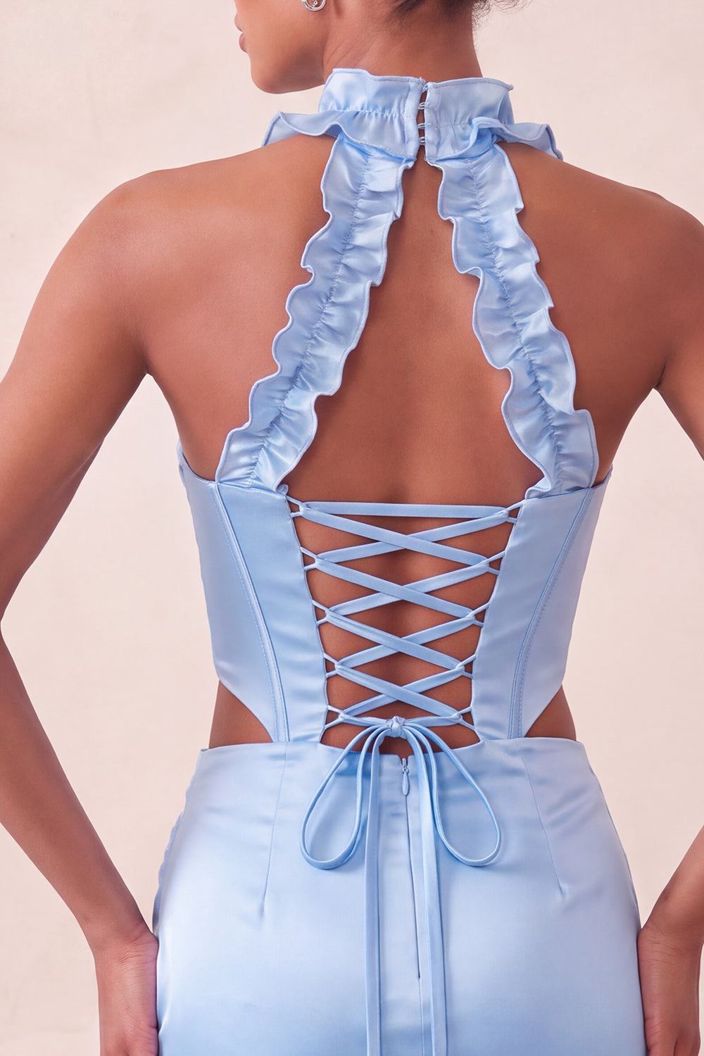 Sky Blue Ruffled Beaded Corset Halter Tight Short Homecoming Dress