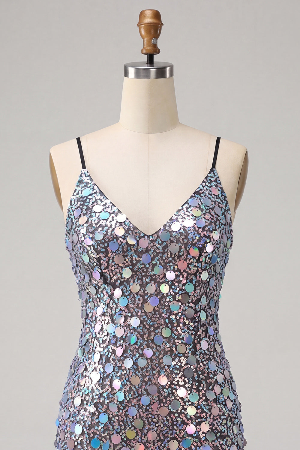Champagne Sparkly Sequin Spaghetti Straps Tight Short Homecoming Dress