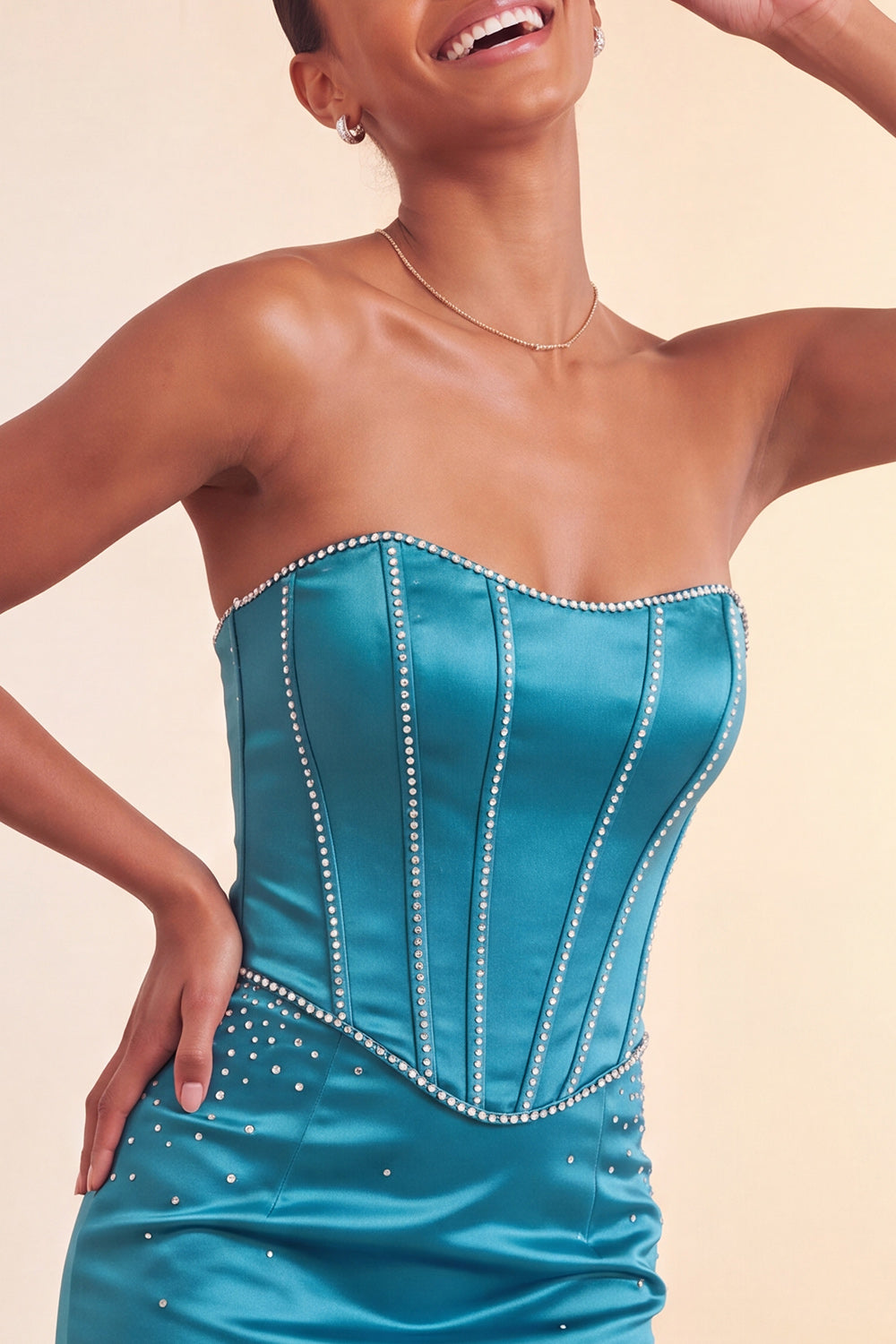 Lake Blue Satin Ruffled Corset Beaded Tight Short Homecoming Dress