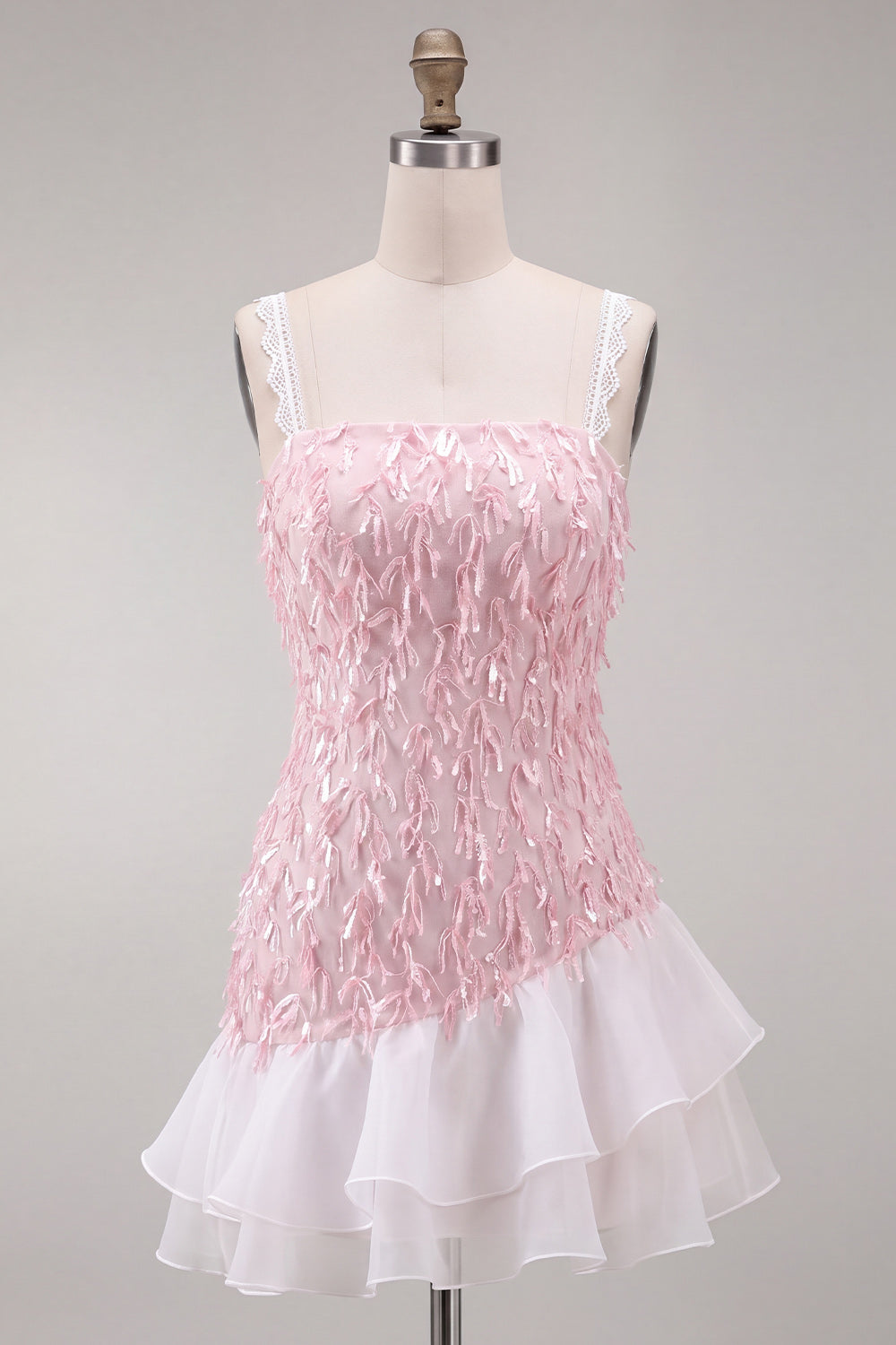 Pink Ruffled Appliqued A-Line Short Homecoming Dress with Lace