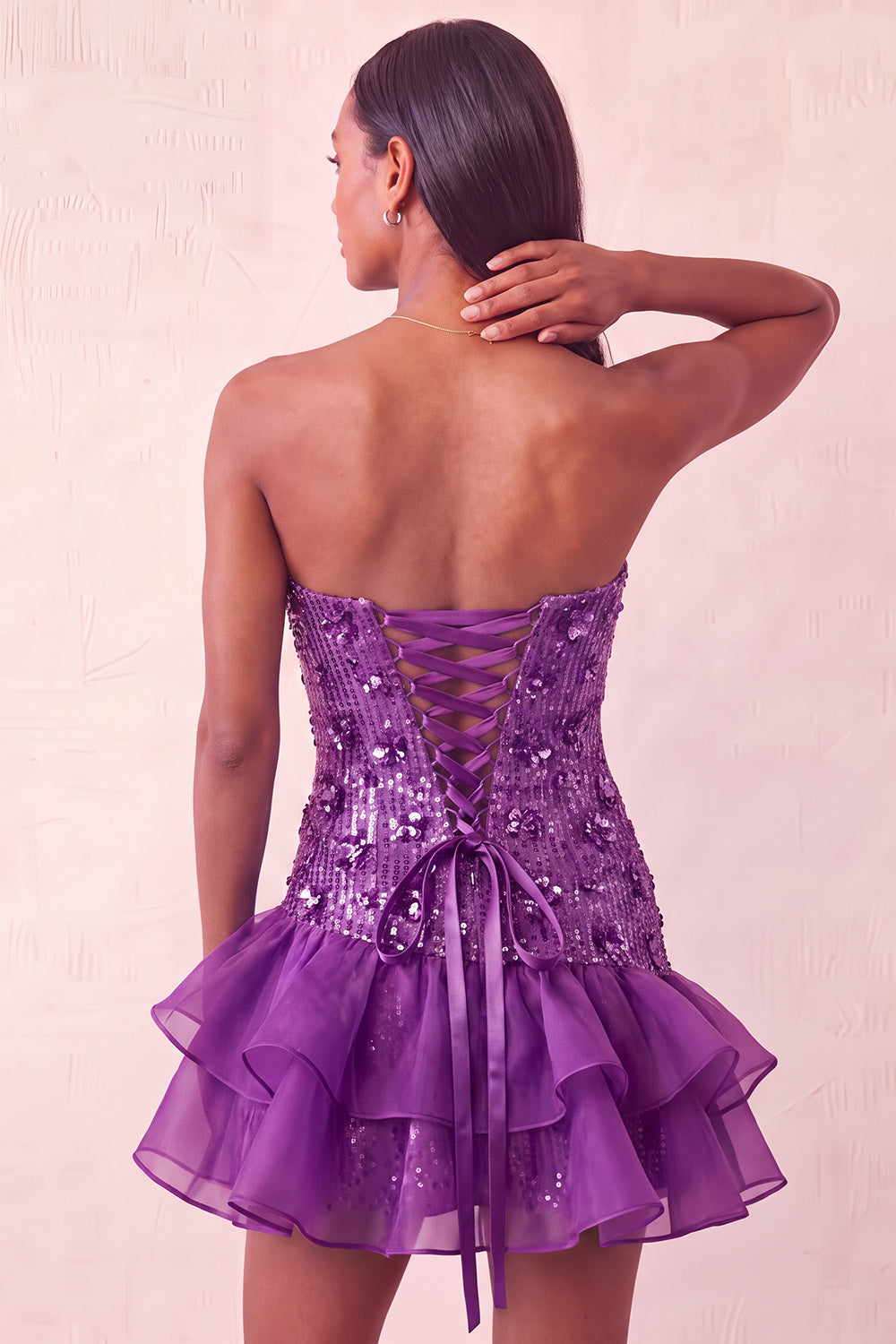 Sparkly Purple Ruffled Tight Floral Sequin Short Homecoming Dress